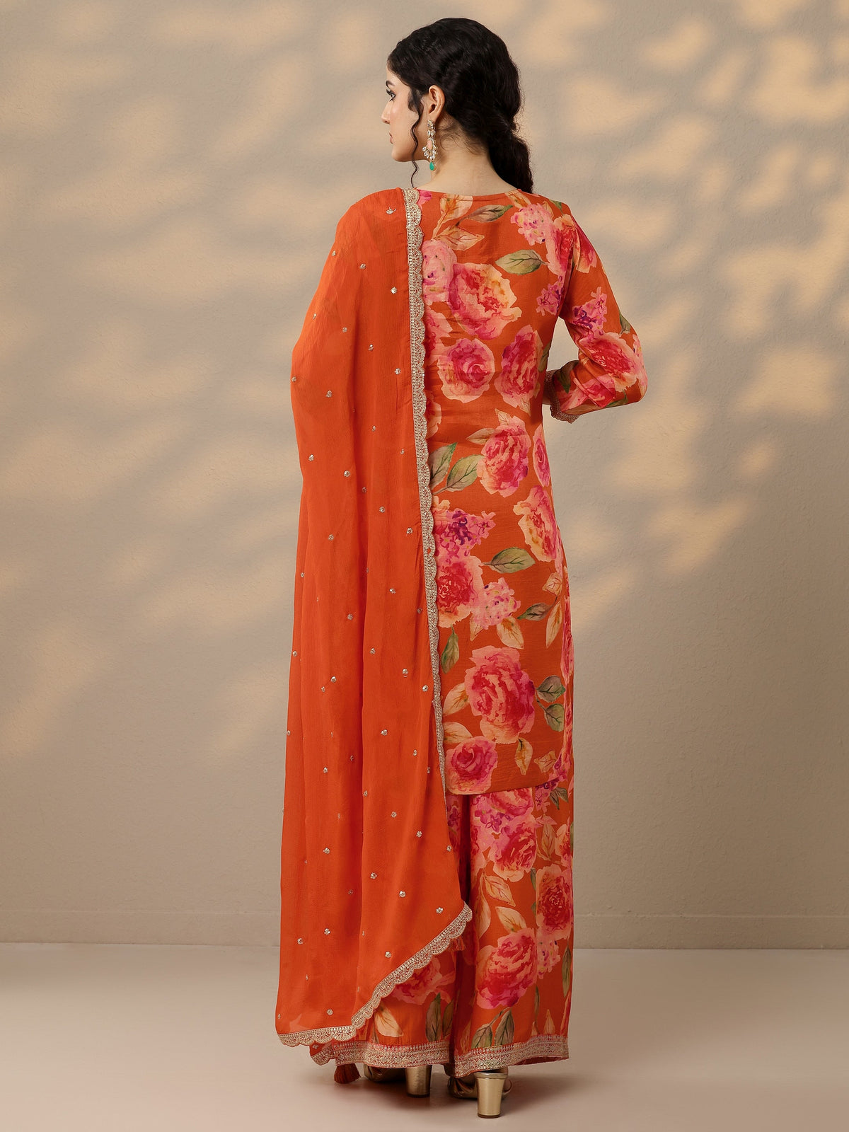 Anouk Orange Printed Silk Blend Straight Suit Set With Dupatta