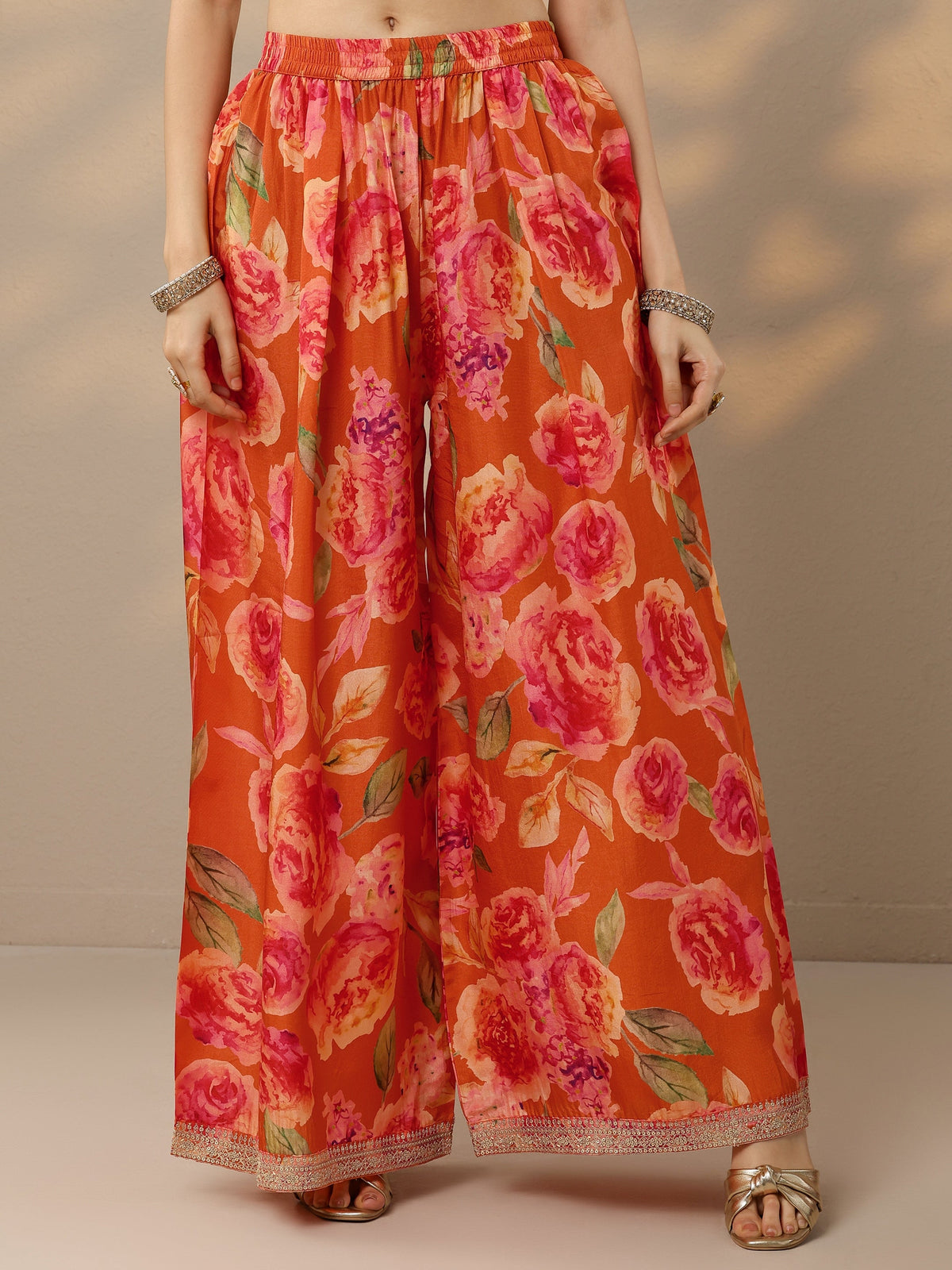 Anouk Orange Printed Silk Blend Straight Suit Set With Dupatta