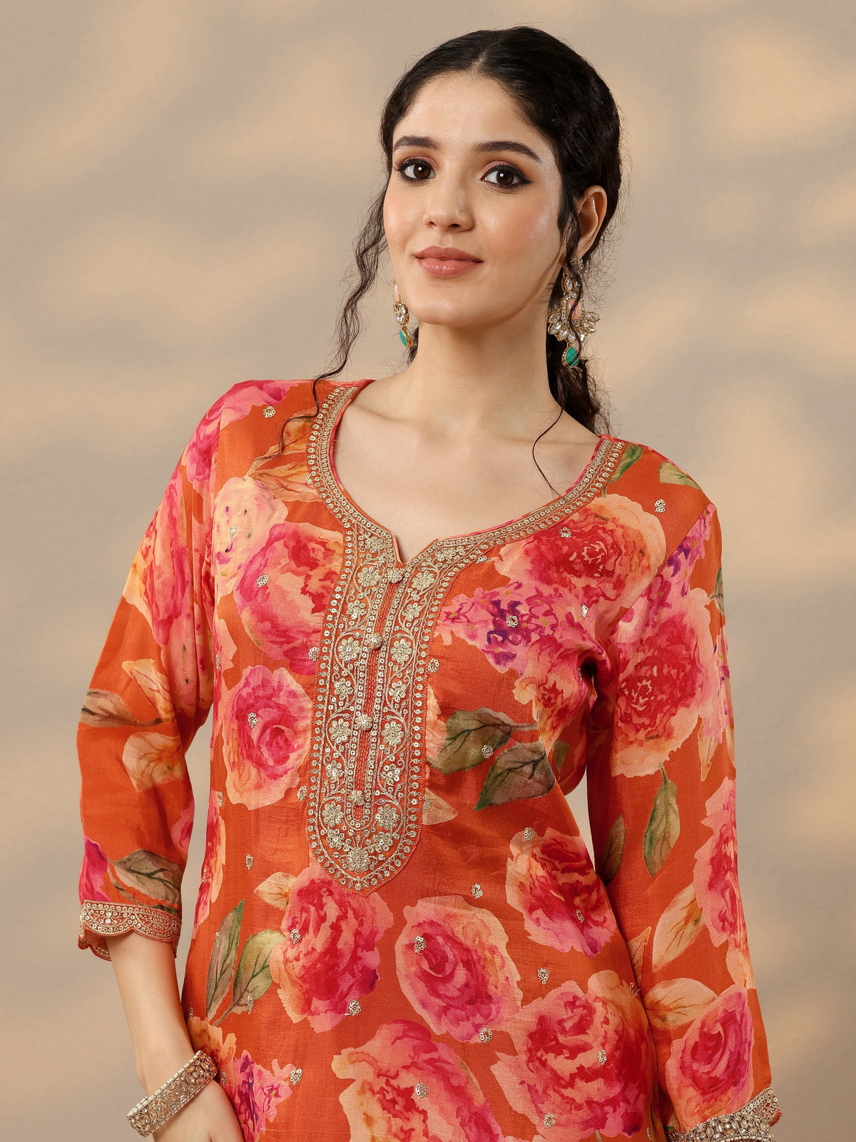 Anouk Orange Printed Silk Blend Straight Suit Set With Dupatta