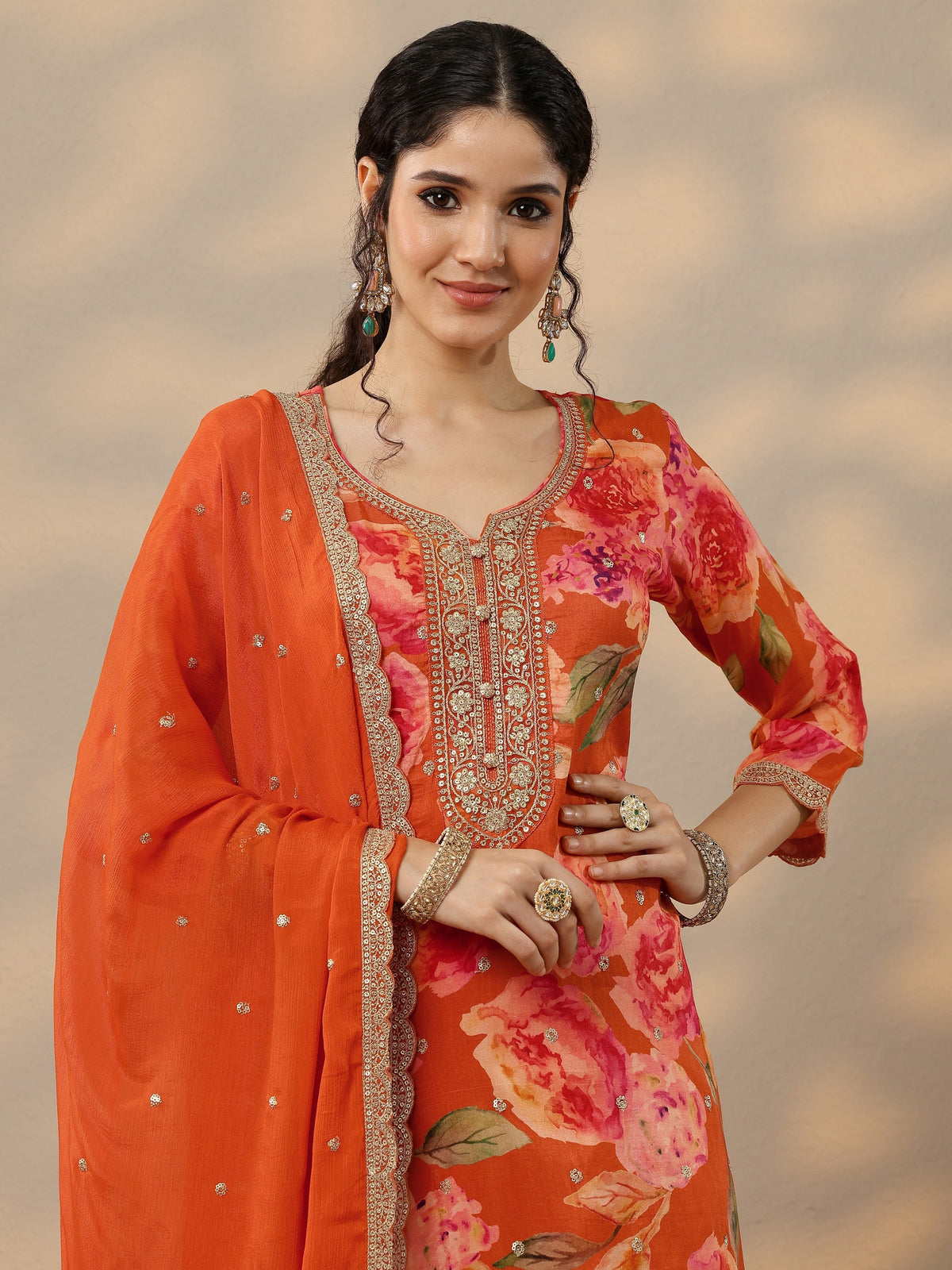 Anouk Orange Printed Silk Blend Straight Suit Set With Dupatta