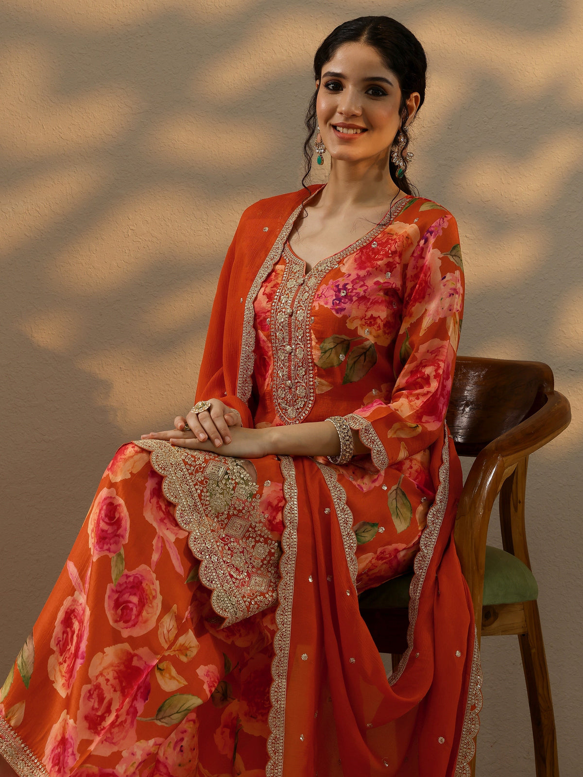 Anouk Orange Printed Silk Blend Straight Suit Set With Dupatta