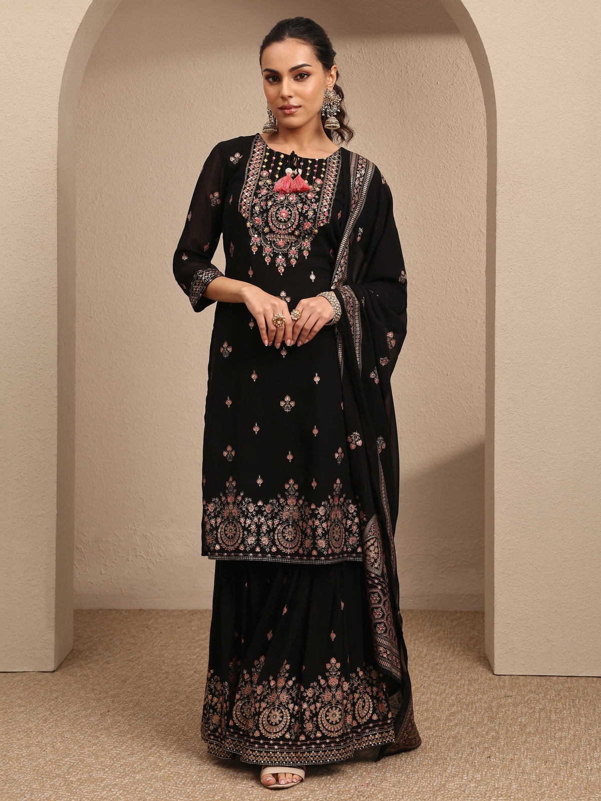 Anouk Black Embroidered Georgette Straight Sharara Suit Set With Dupatta