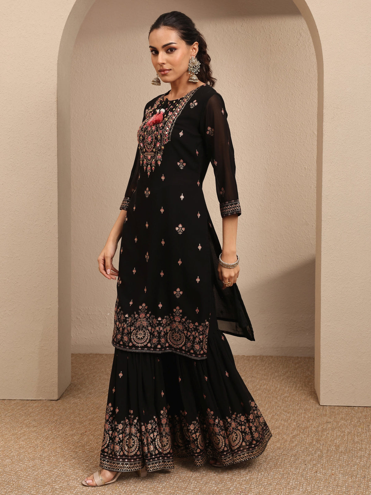 Anouk Black Embroidered Georgette Straight Sharara Suit Set With Dupatta