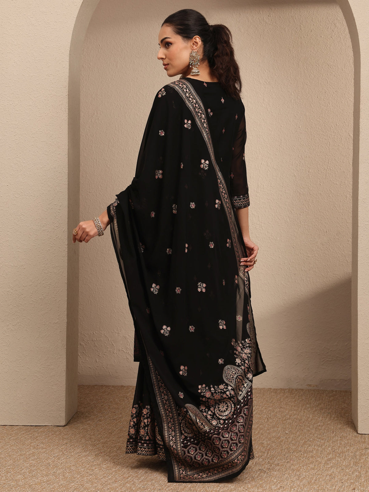 Anouk Black Embroidered Georgette Straight Sharara Suit Set With Dupatta