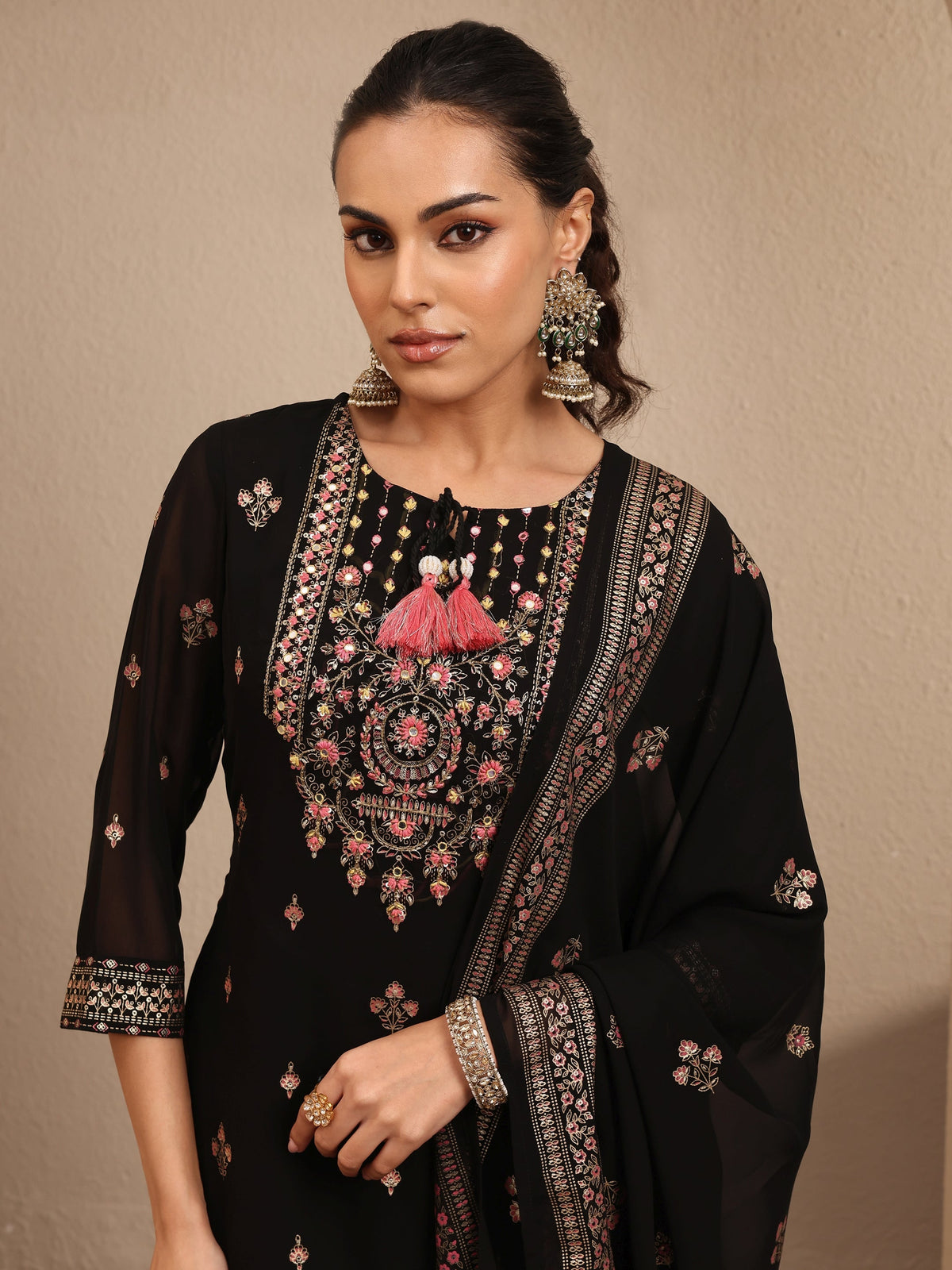 Anouk Black Embroidered Georgette Straight Sharara Suit Set With Dupatta