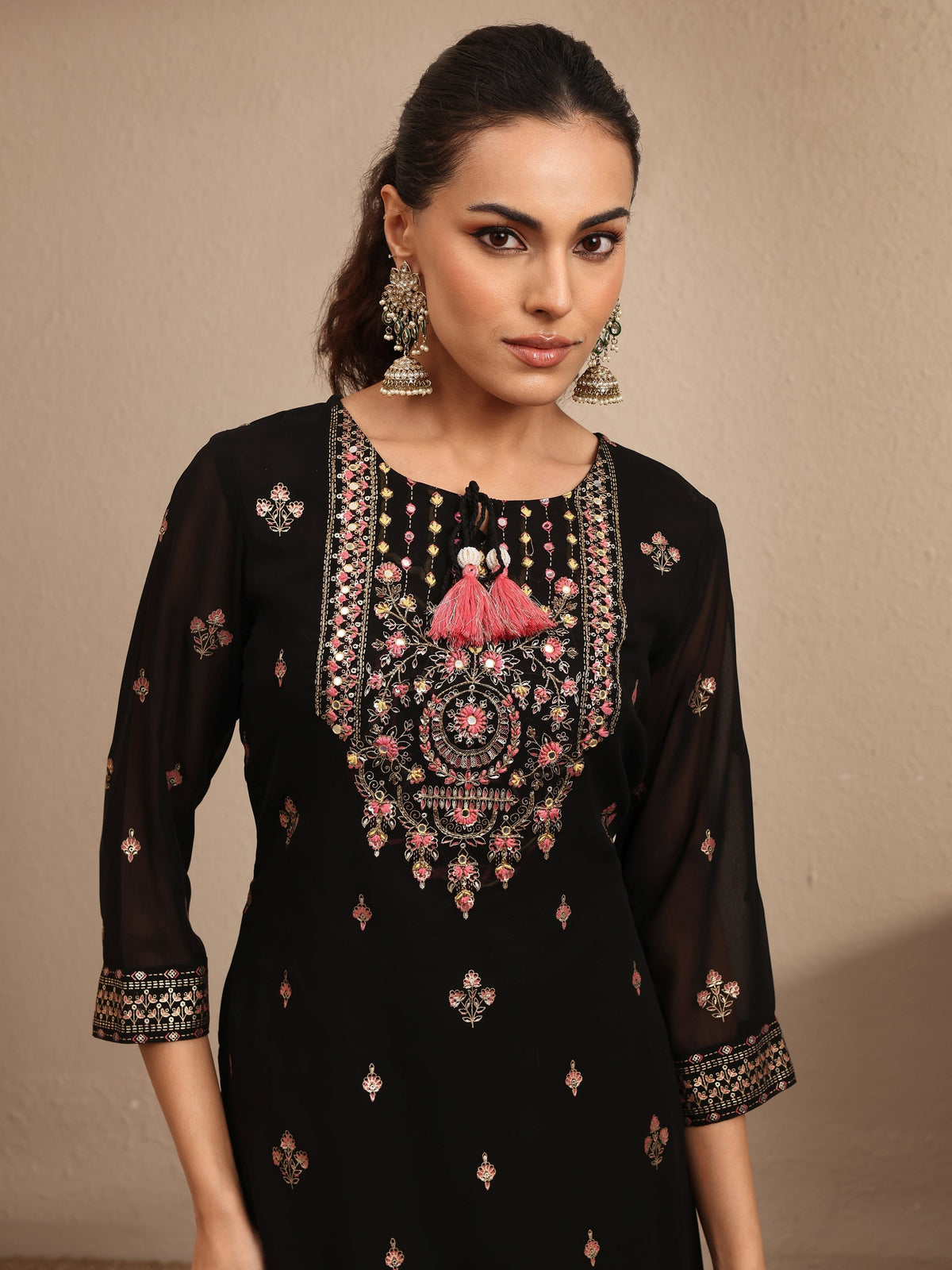Anouk Black Embroidered Georgette Straight Sharara Suit Set With Dupatta