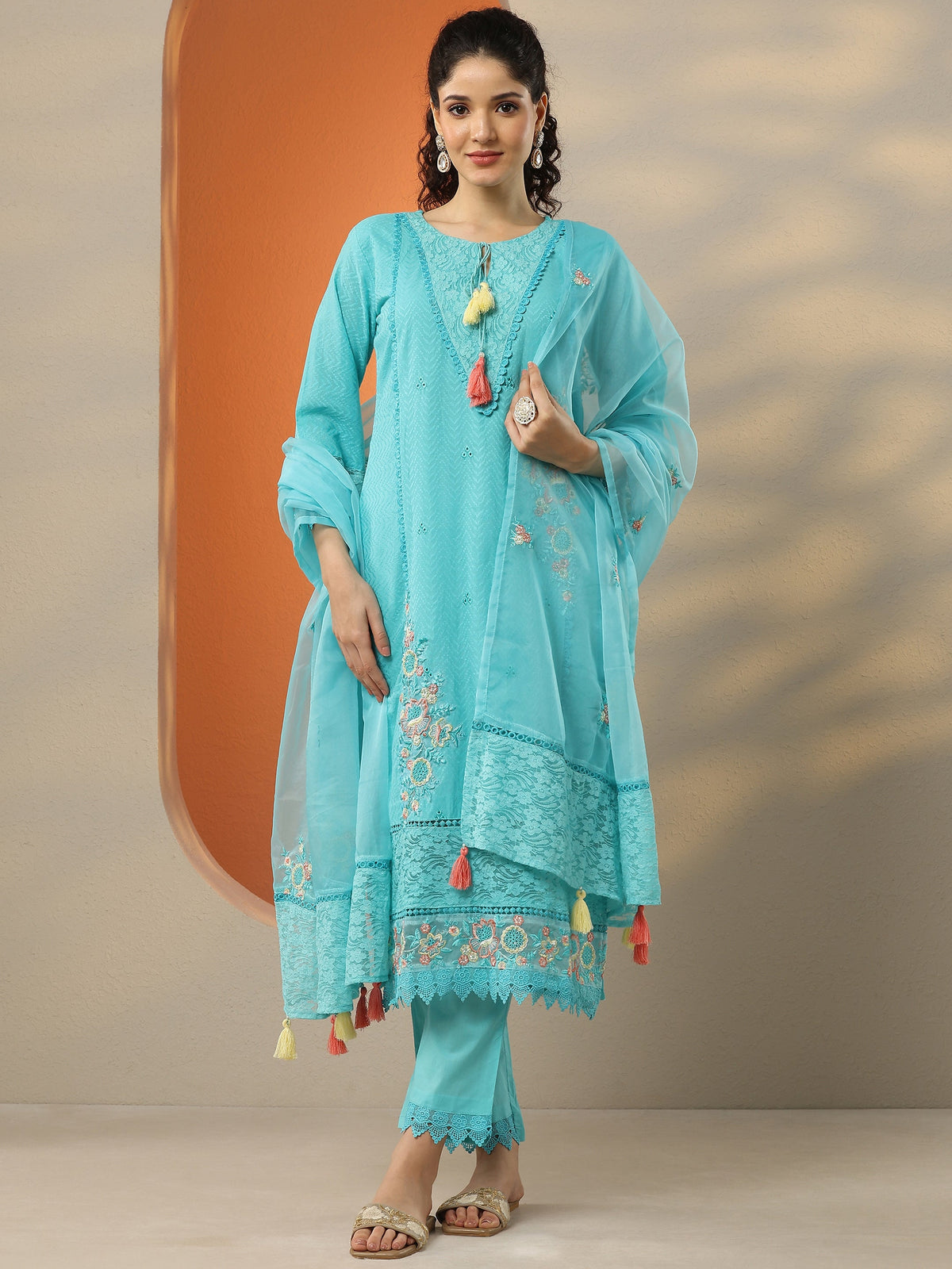 Anouk Blue Embroidered Cotton Straight Suit Set With Dupatta