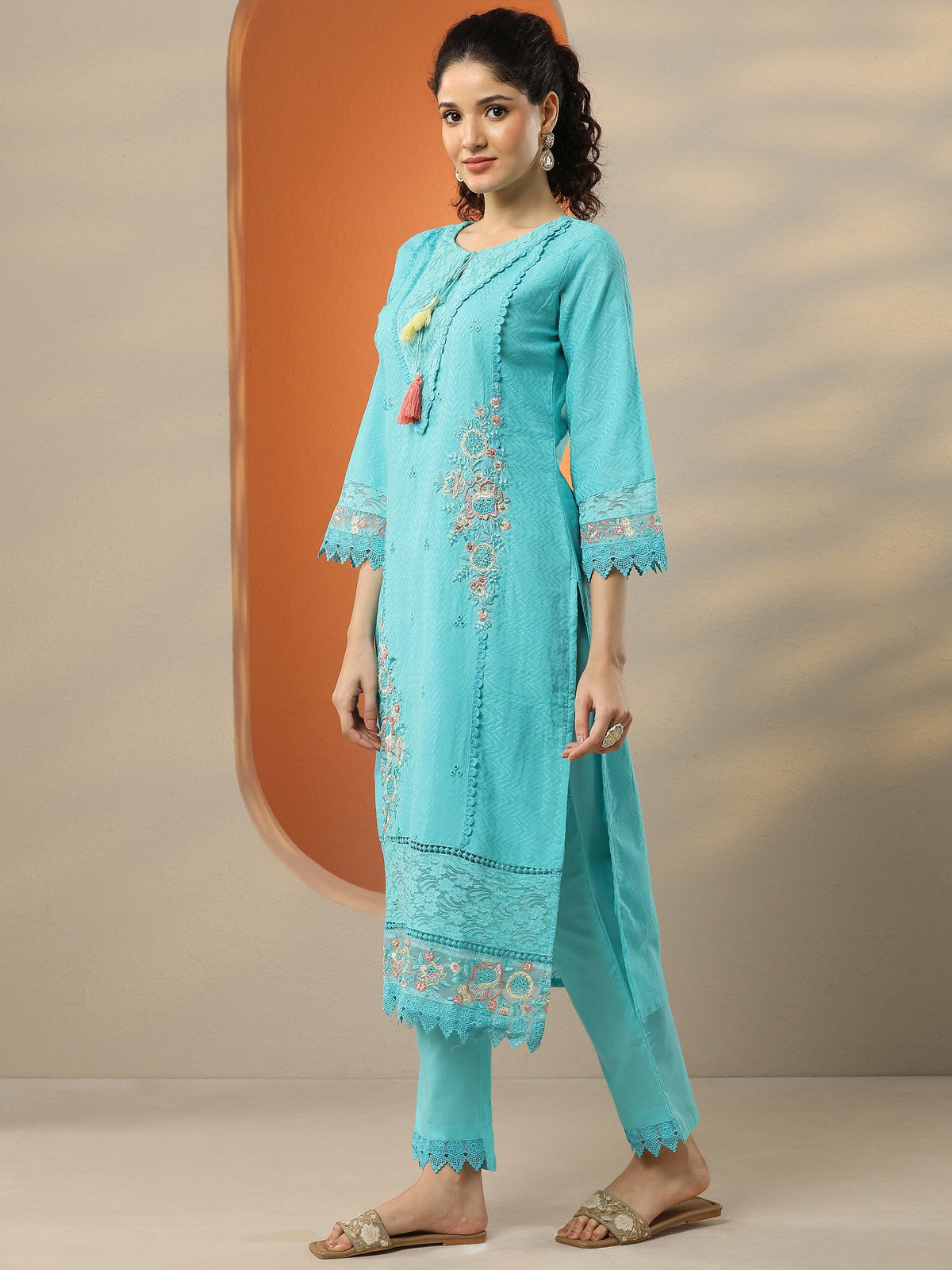 Anouk Blue Embroidered Cotton Straight Suit Set With Dupatta