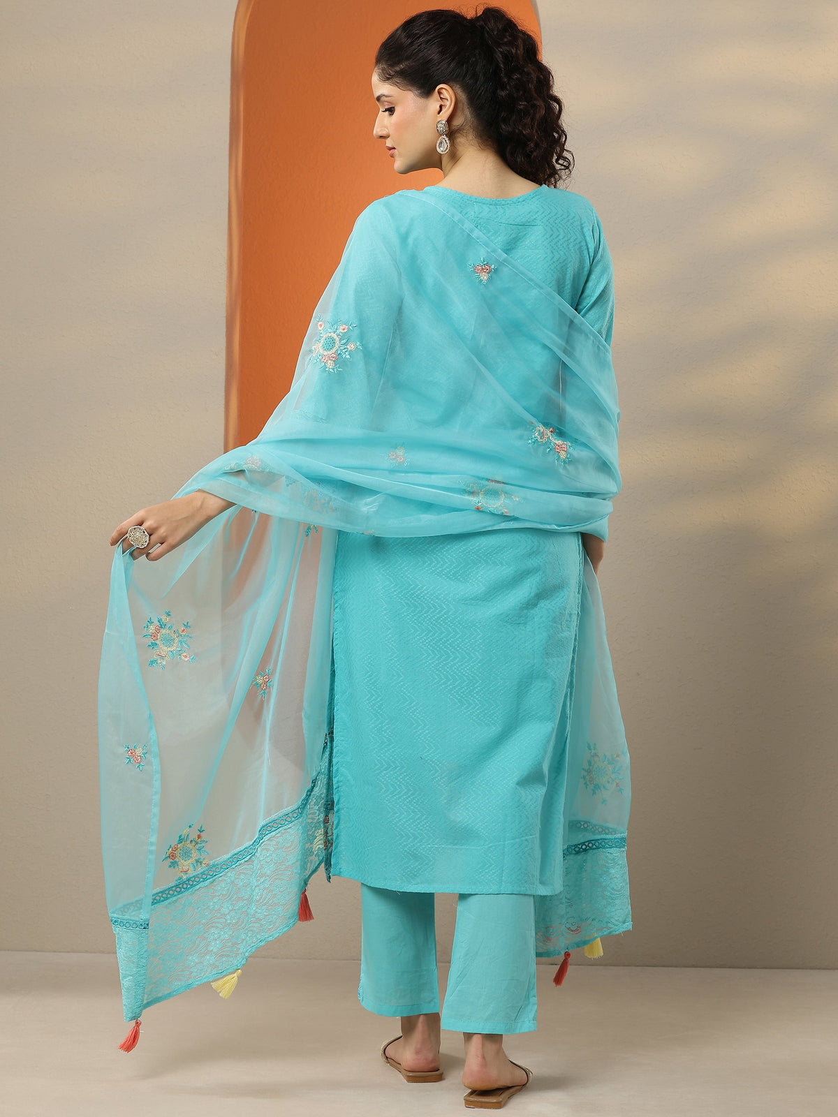 Anouk Blue Embroidered Cotton Straight Suit Set With Dupatta