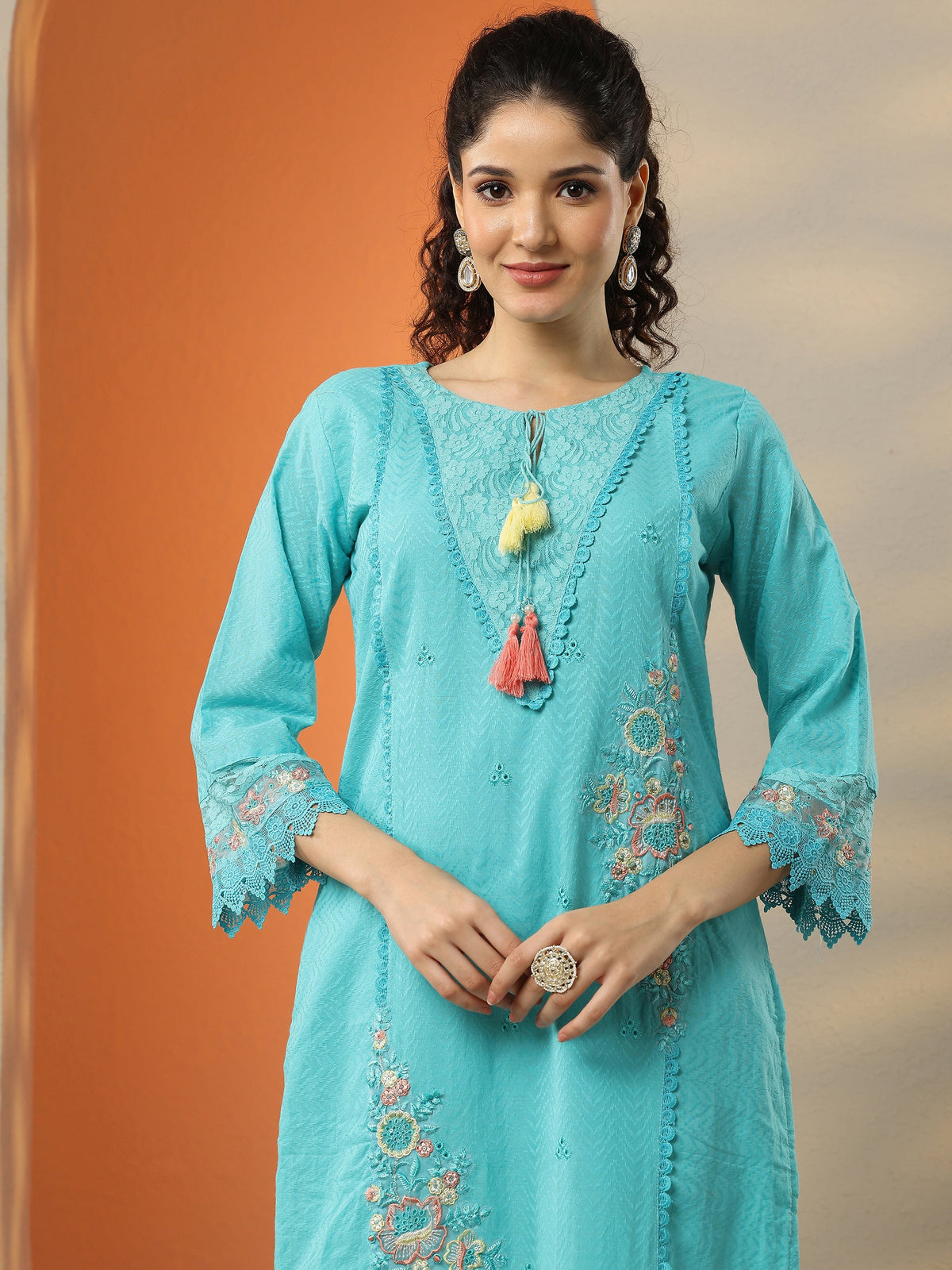 Anouk Blue Embroidered Cotton Straight Suit Set With Dupatta
