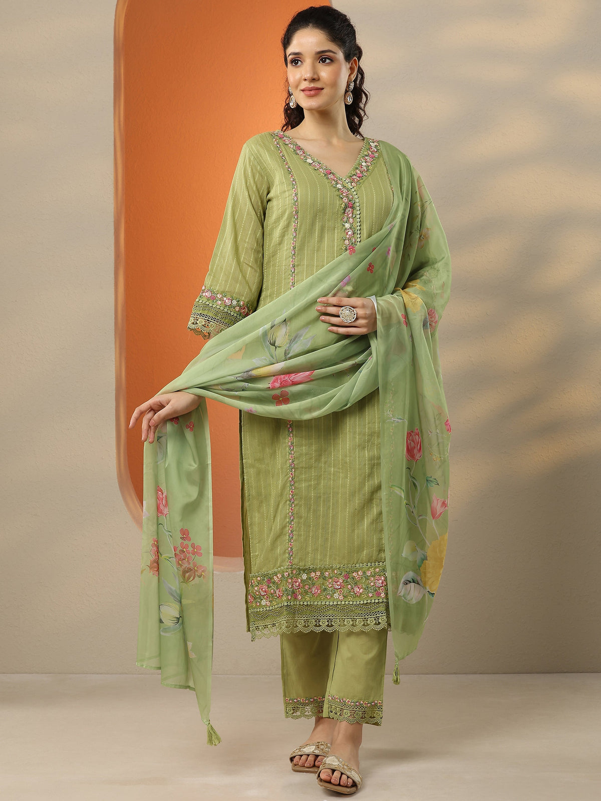 Anouk Green Embroidered Cotton Straight Suit Set With Dupatta