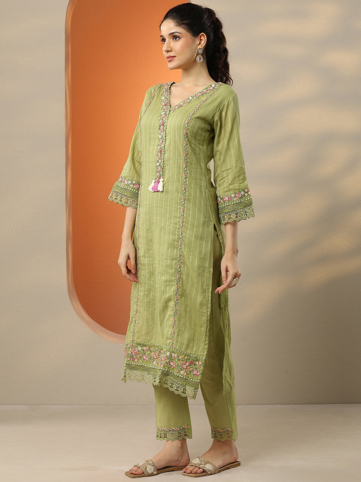 Anouk Green Embroidered Cotton Straight Suit Set With Dupatta