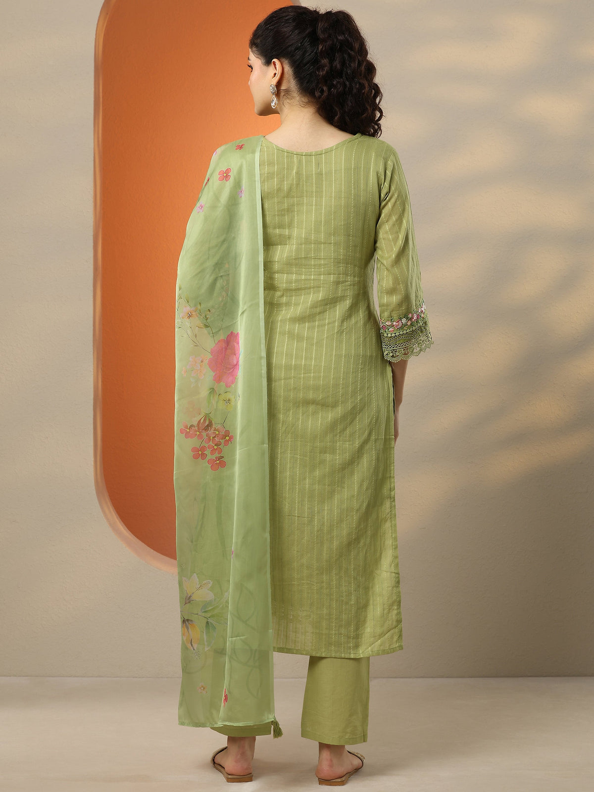 Anouk Green Embroidered Cotton Straight Suit Set With Dupatta