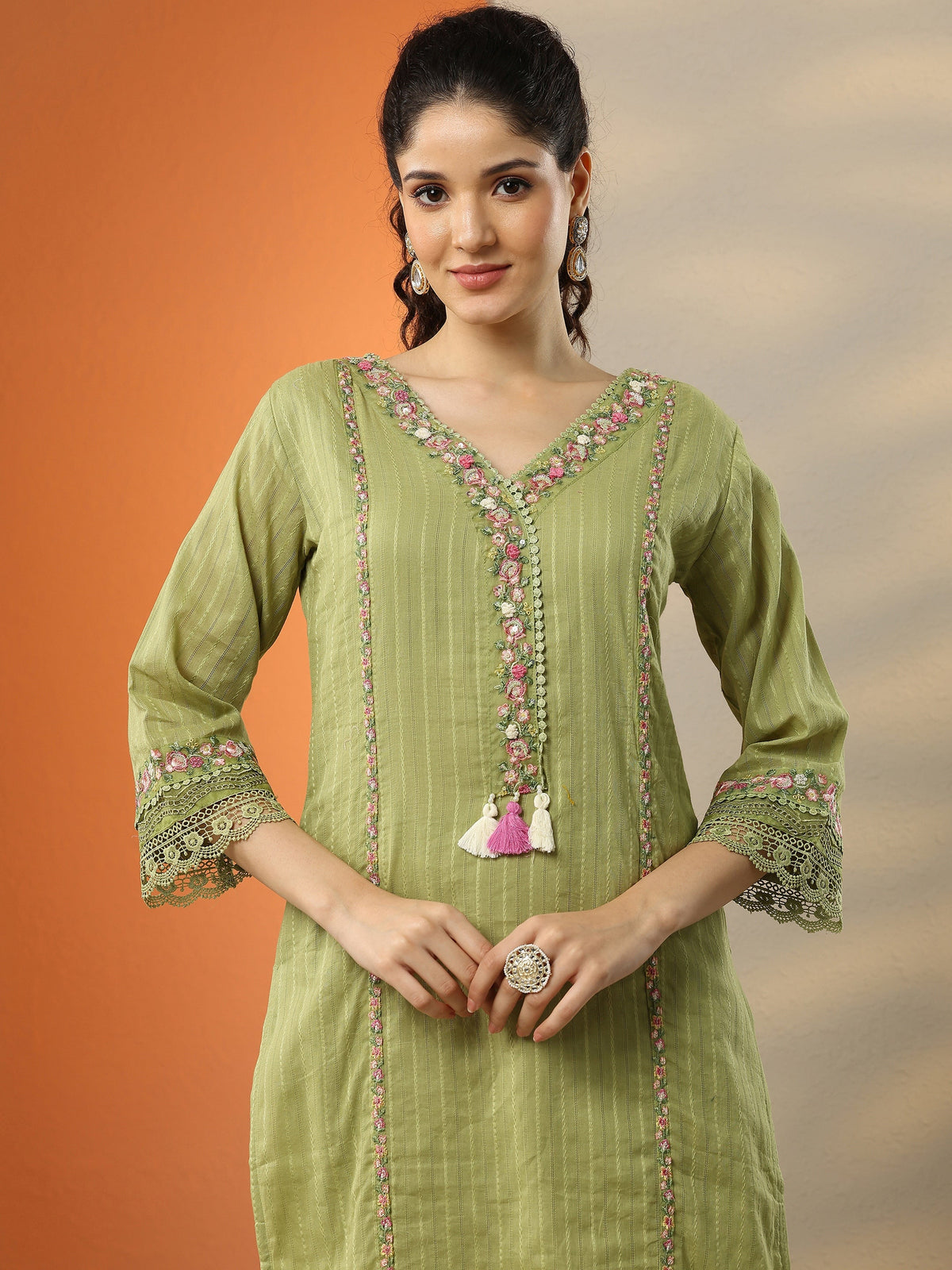 Anouk Green Embroidered Cotton Straight Suit Set With Dupatta