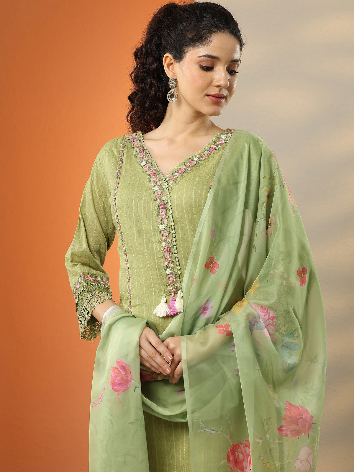 Anouk Green Embroidered Cotton Straight Suit Set With Dupatta