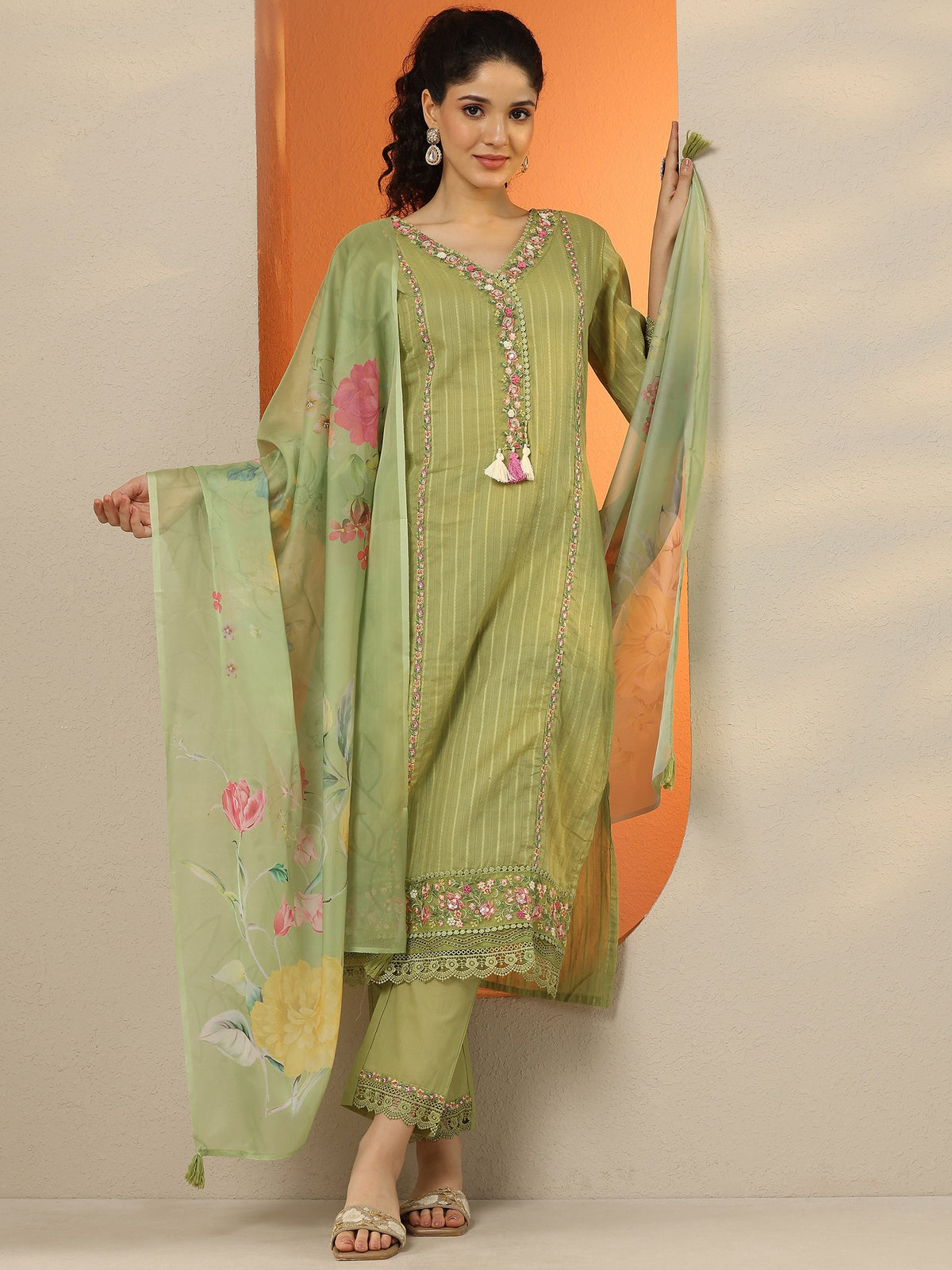 Anouk Green Embroidered Cotton Straight Suit Set With Dupatta