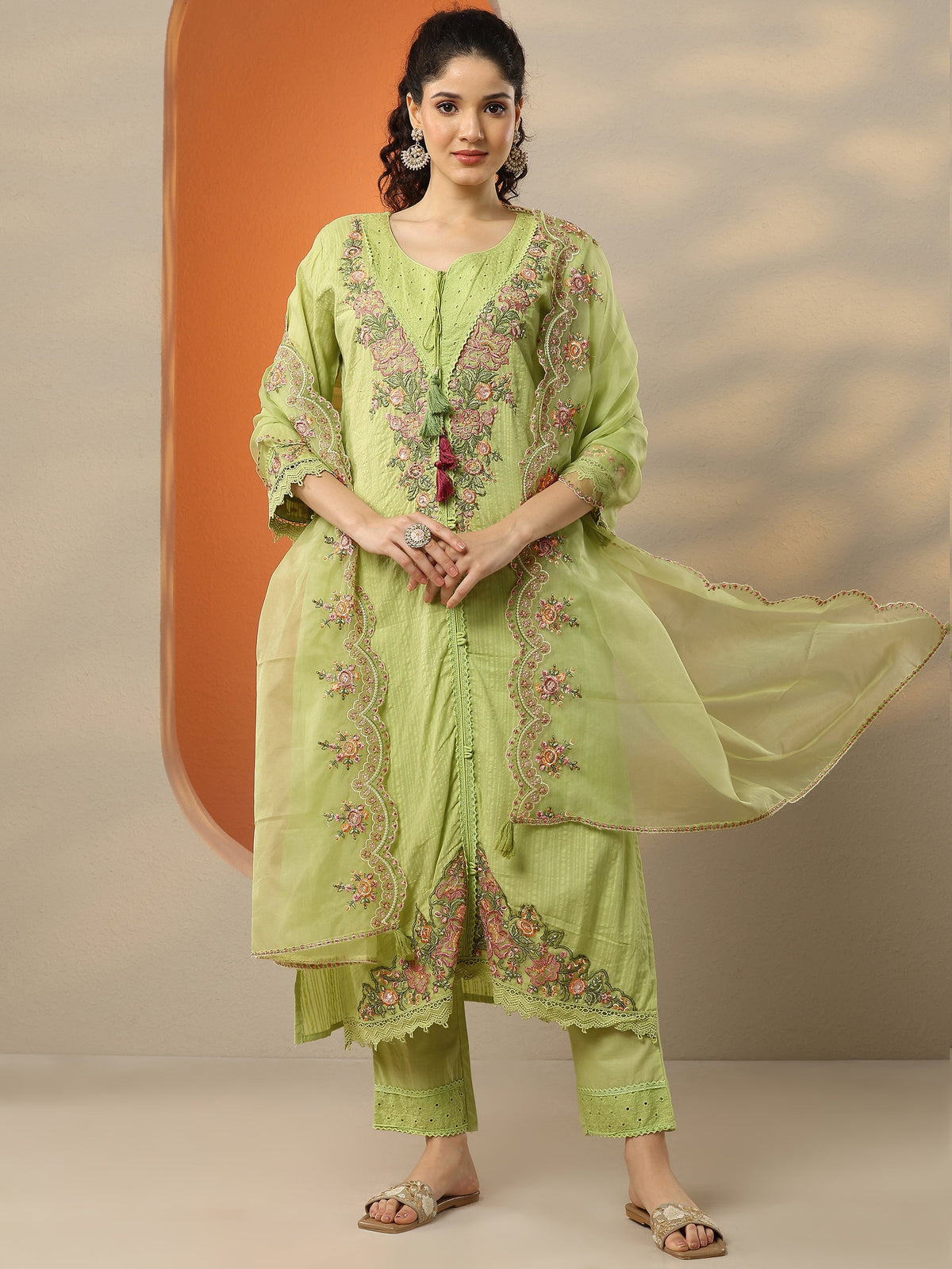 Anouk Green Embroidered Cotton Straight Suit Set With Dupatta