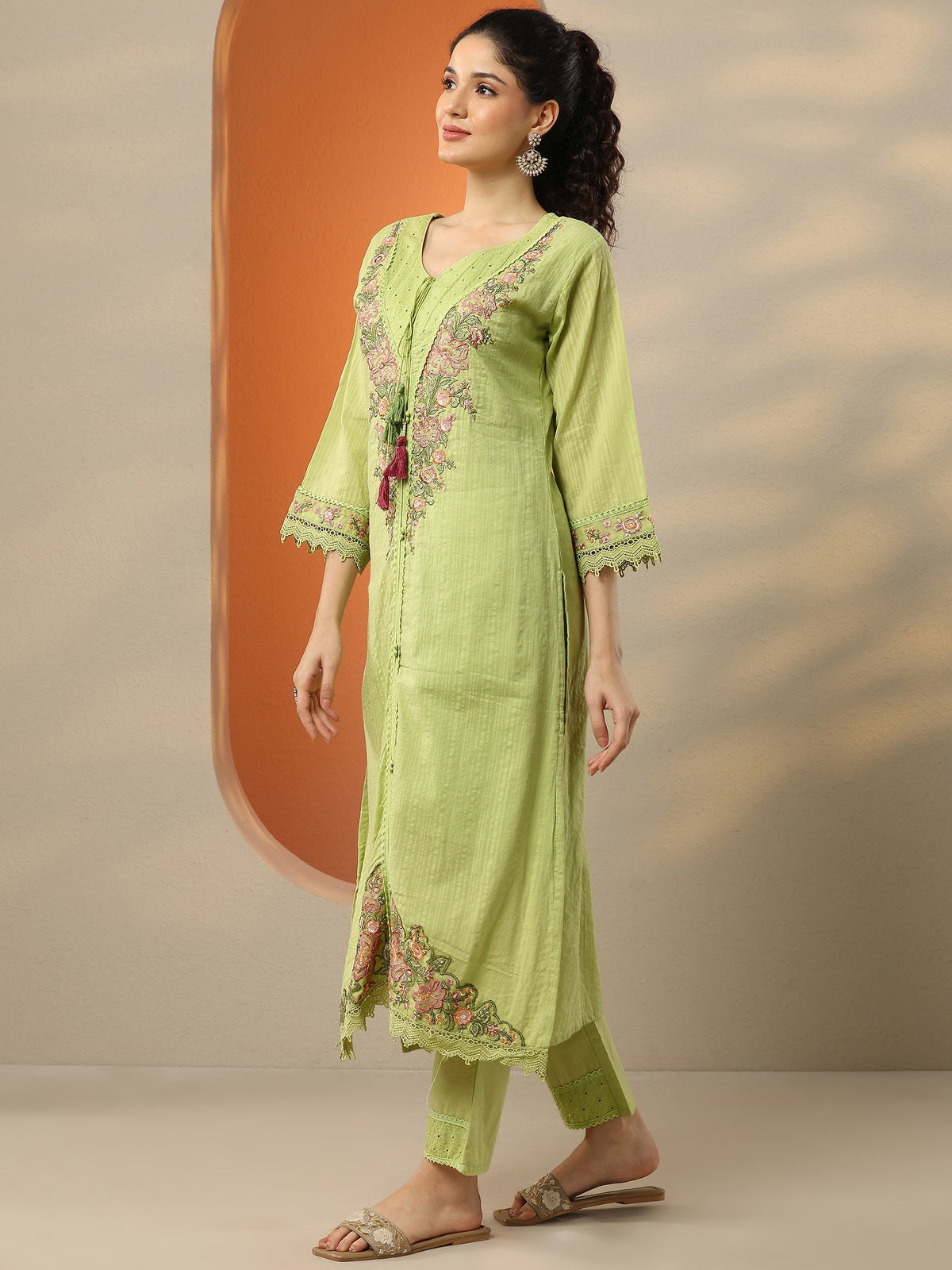 Anouk Green Embroidered Cotton Straight Suit Set With Dupatta