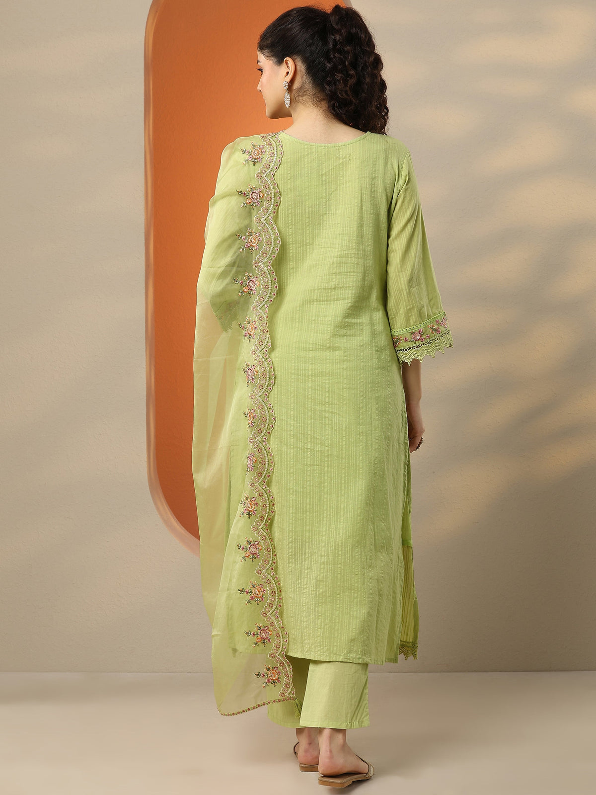 Anouk Green Embroidered Cotton Straight Suit Set With Dupatta