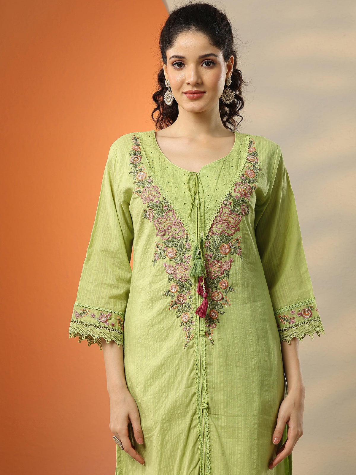 Anouk Green Embroidered Cotton Straight Suit Set With Dupatta