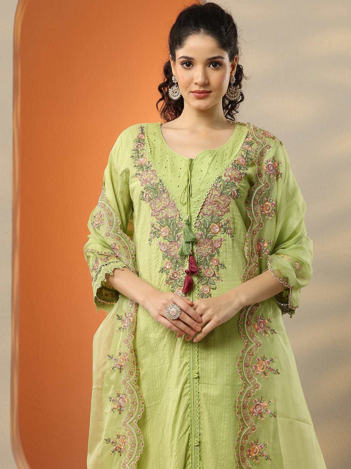 Anouk Green Embroidered Cotton Straight Suit Set With Dupatta