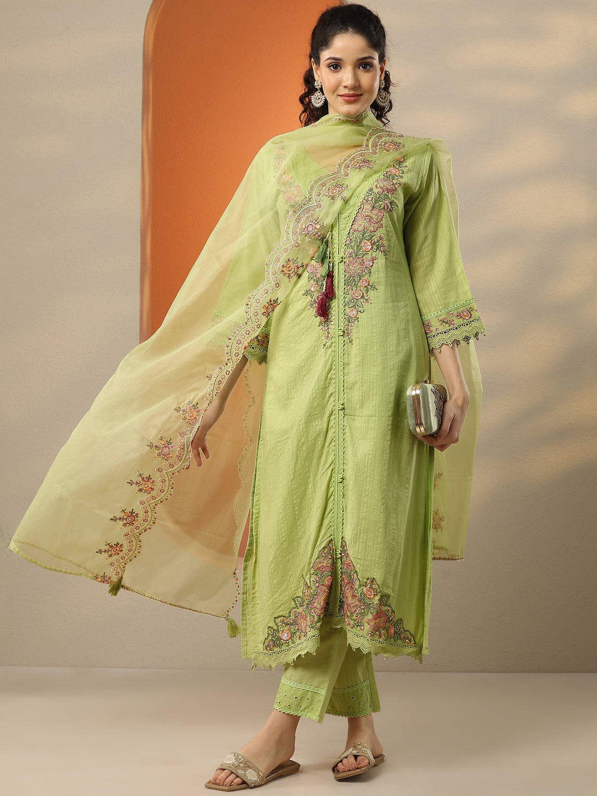 Anouk Green Embroidered Cotton Straight Suit Set With Dupatta