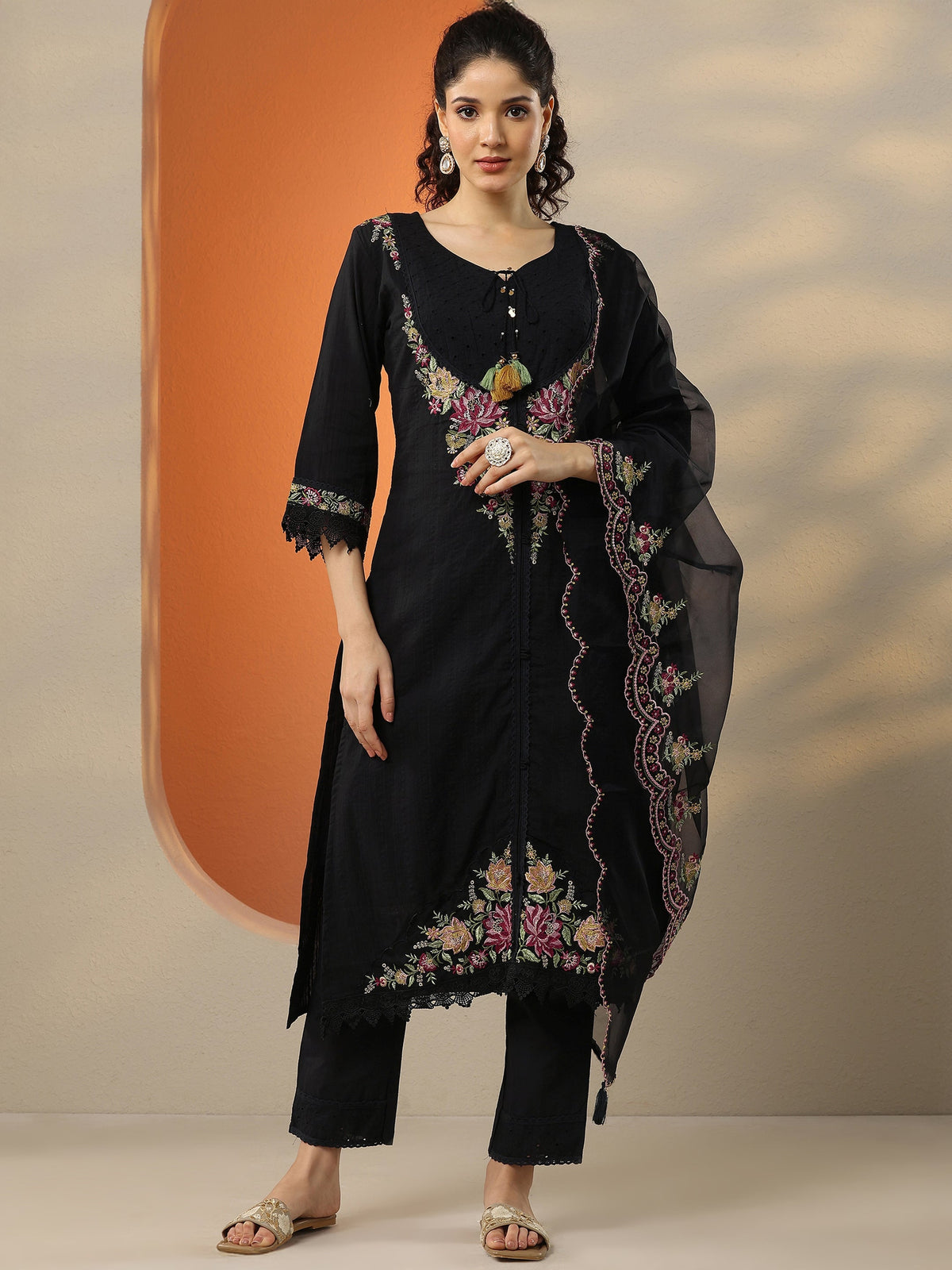 Anouk Black Embroidered Cotton Straight Suit Set With Dupatta