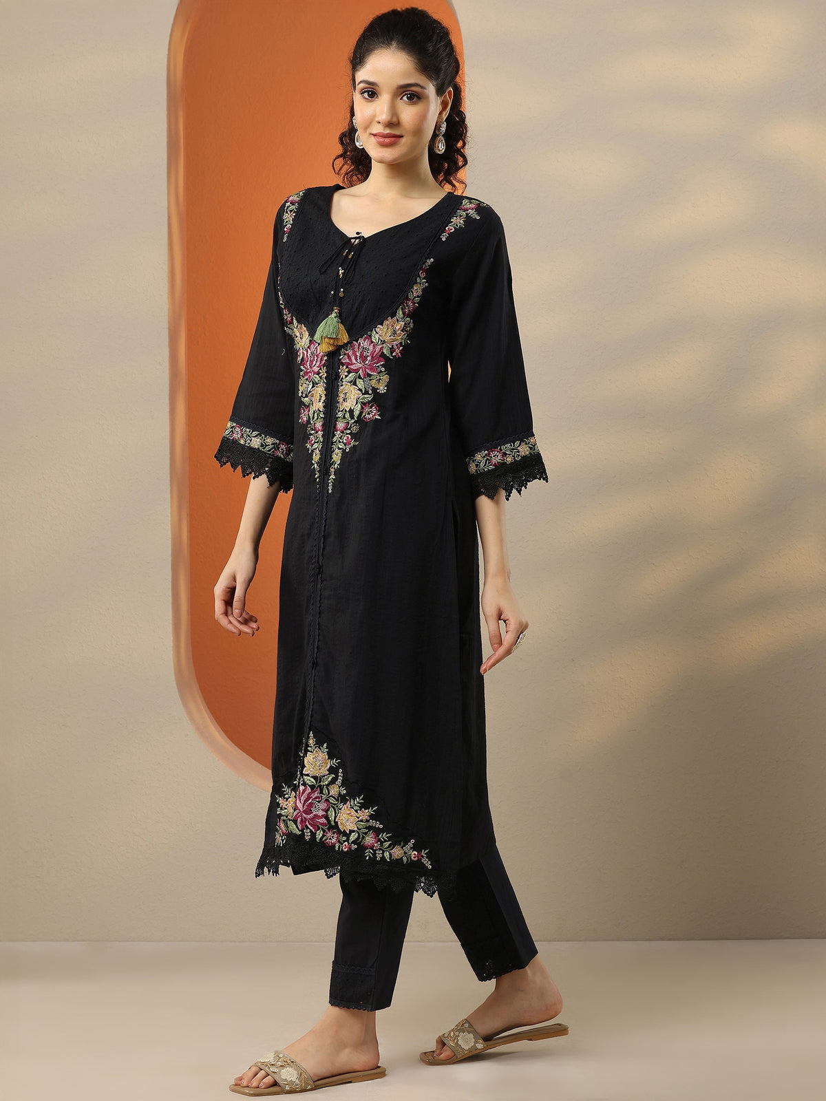 Anouk Black Embroidered Cotton Straight Suit Set With Dupatta