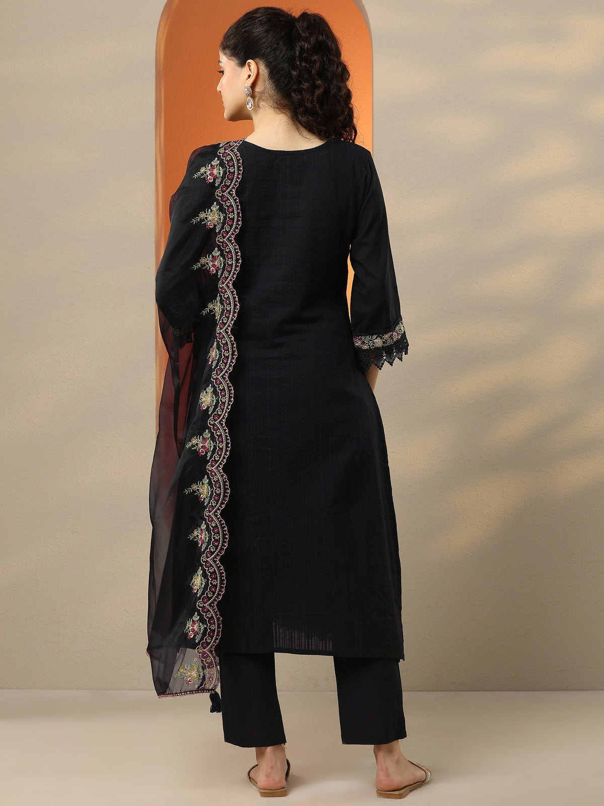 Anouk Black Embroidered Cotton Straight Suit Set With Dupatta