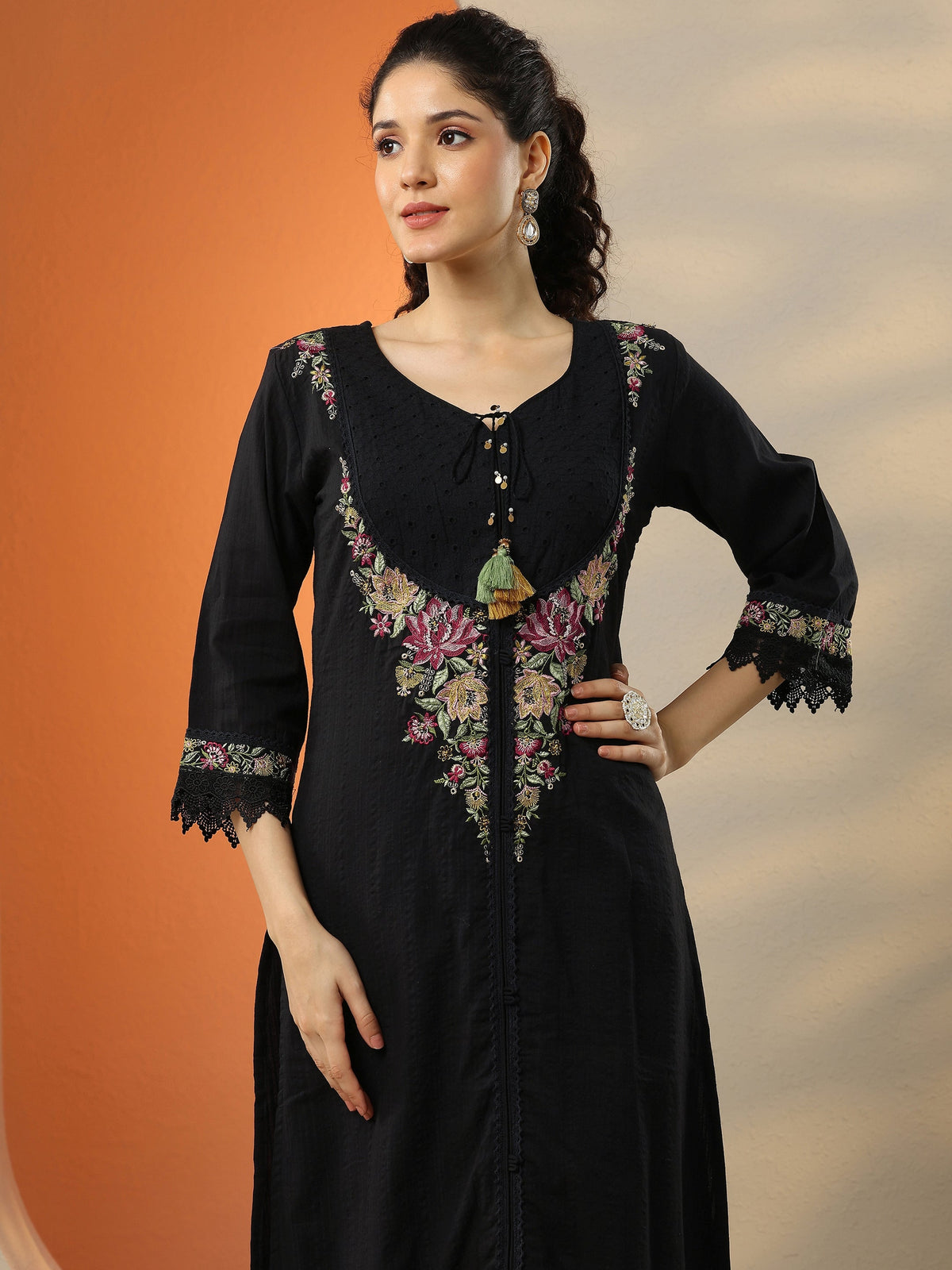 Anouk Black Embroidered Cotton Straight Suit Set With Dupatta