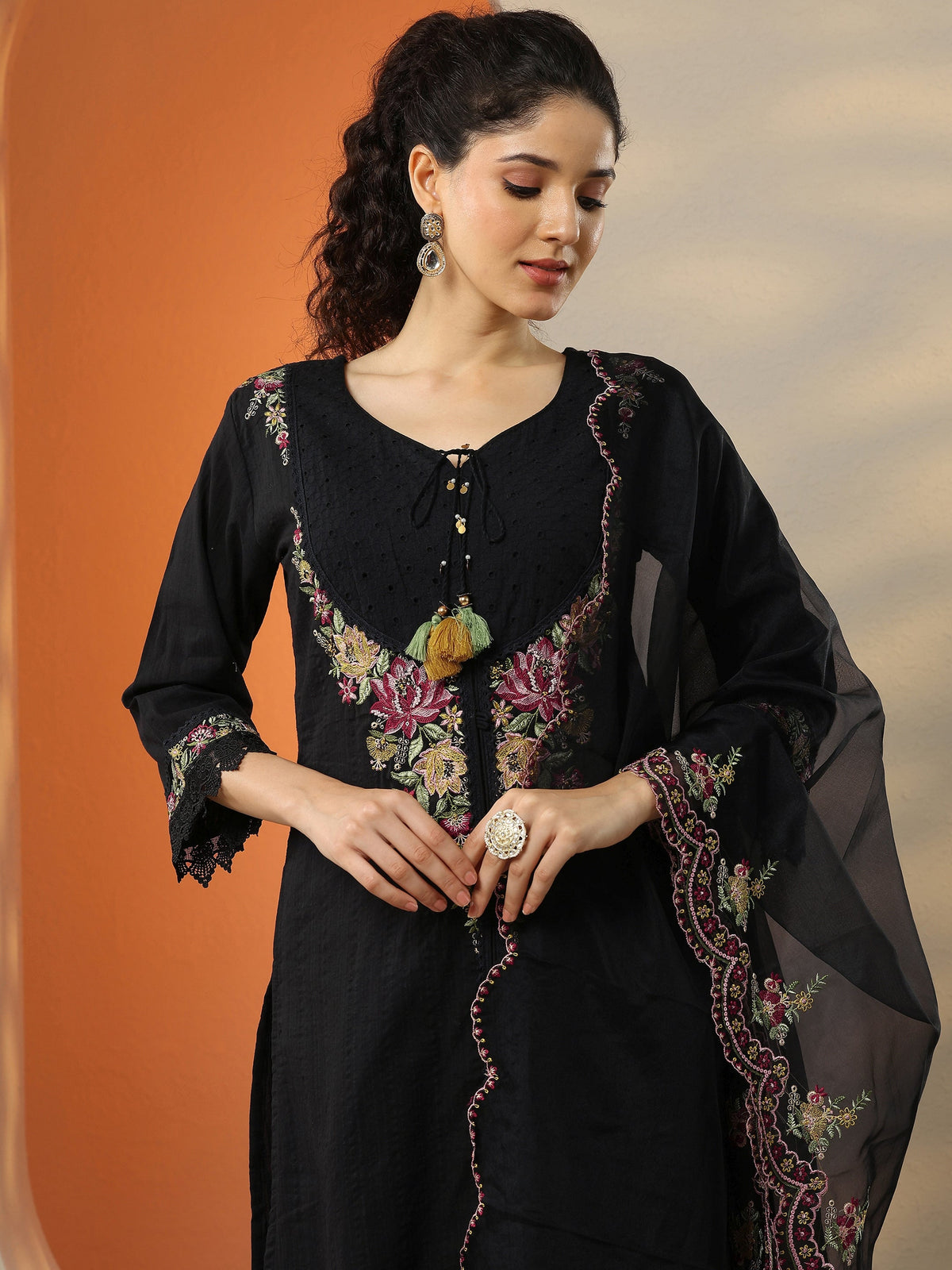 Anouk Black Embroidered Cotton Straight Suit Set With Dupatta