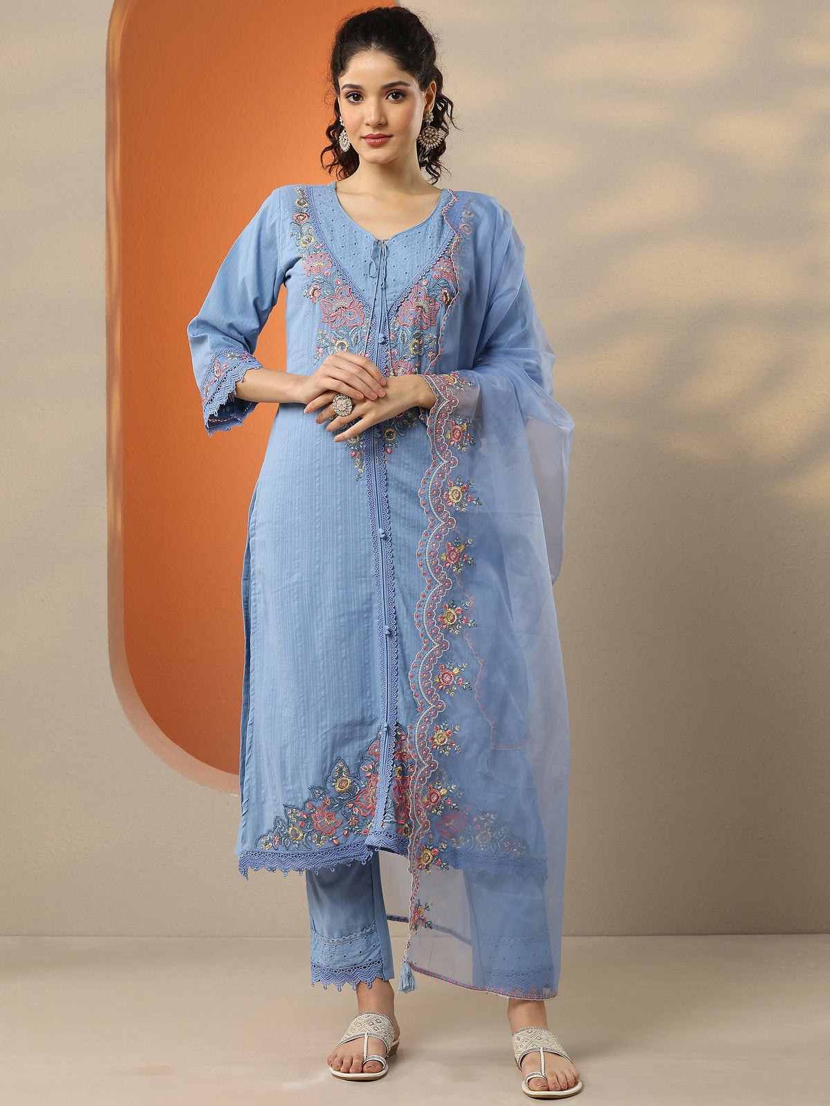 Anouk Blue Embroidered Cotton Straight Suit Set With Dupatta