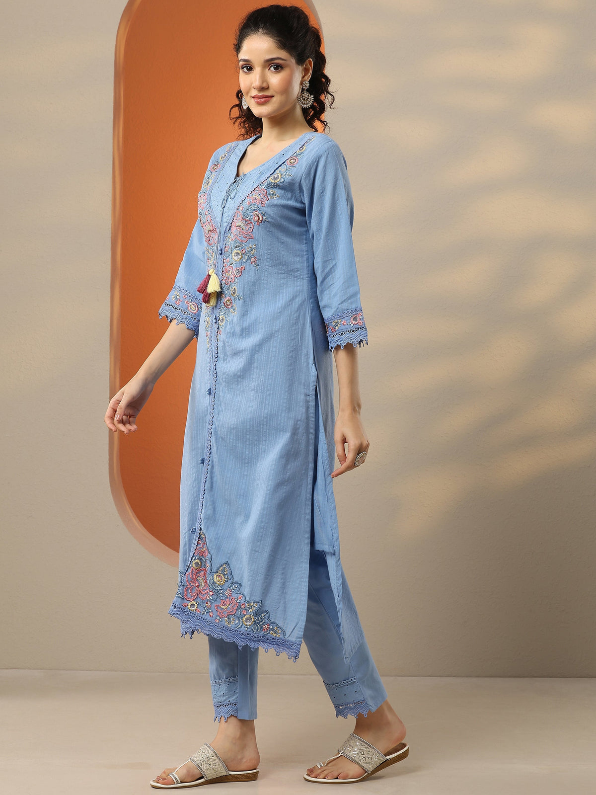 Anouk Blue Embroidered Cotton Straight Suit Set With Dupatta