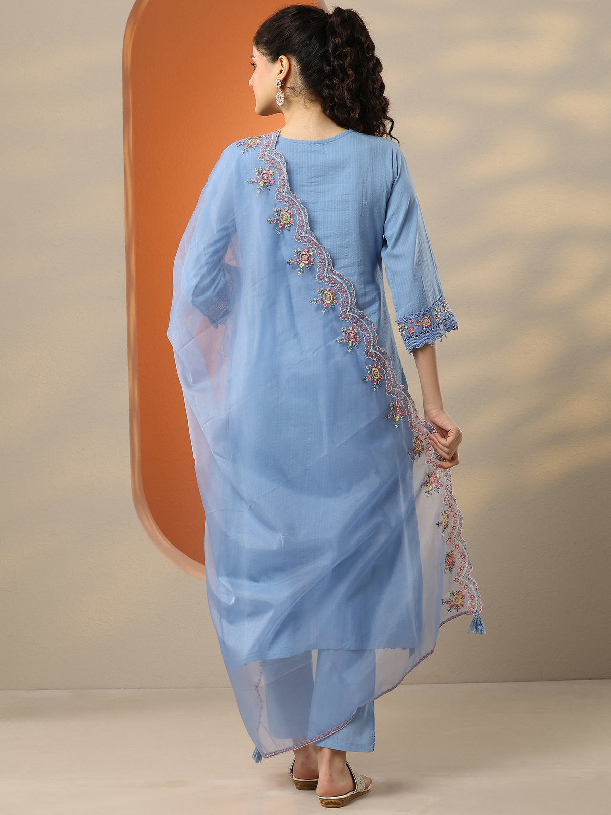 Anouk Blue Embroidered Cotton Straight Suit Set With Dupatta