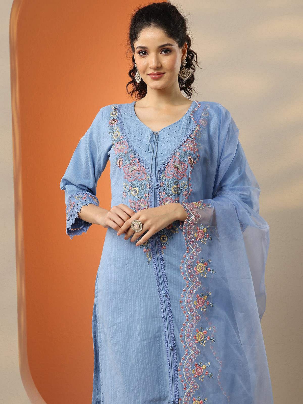 Anouk Blue Embroidered Cotton Straight Suit Set With Dupatta