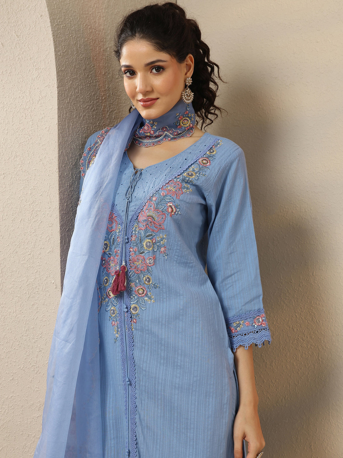 Anouk Blue Embroidered Cotton Straight Suit Set With Dupatta