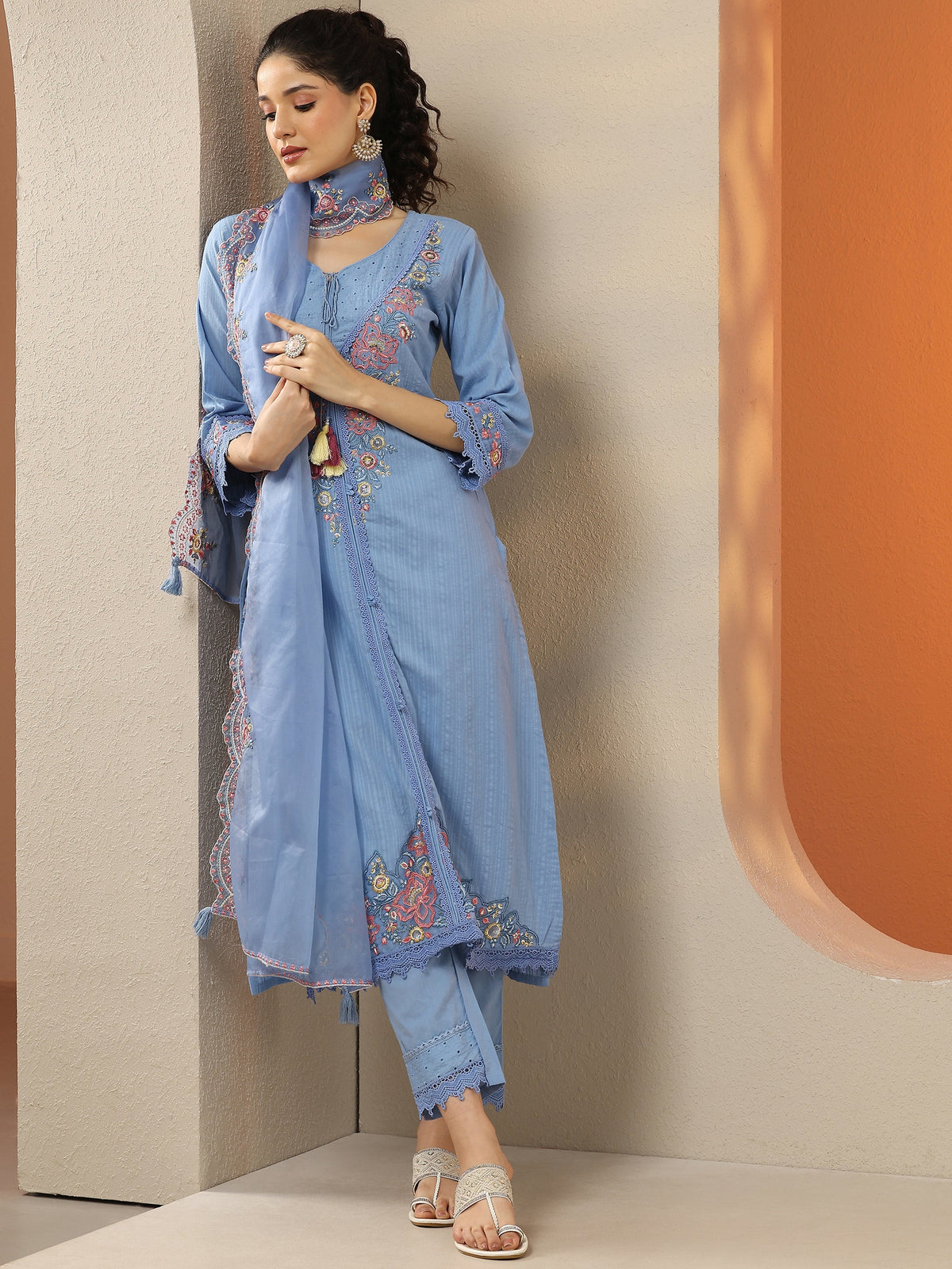 Anouk Blue Embroidered Cotton Straight Suit Set With Dupatta