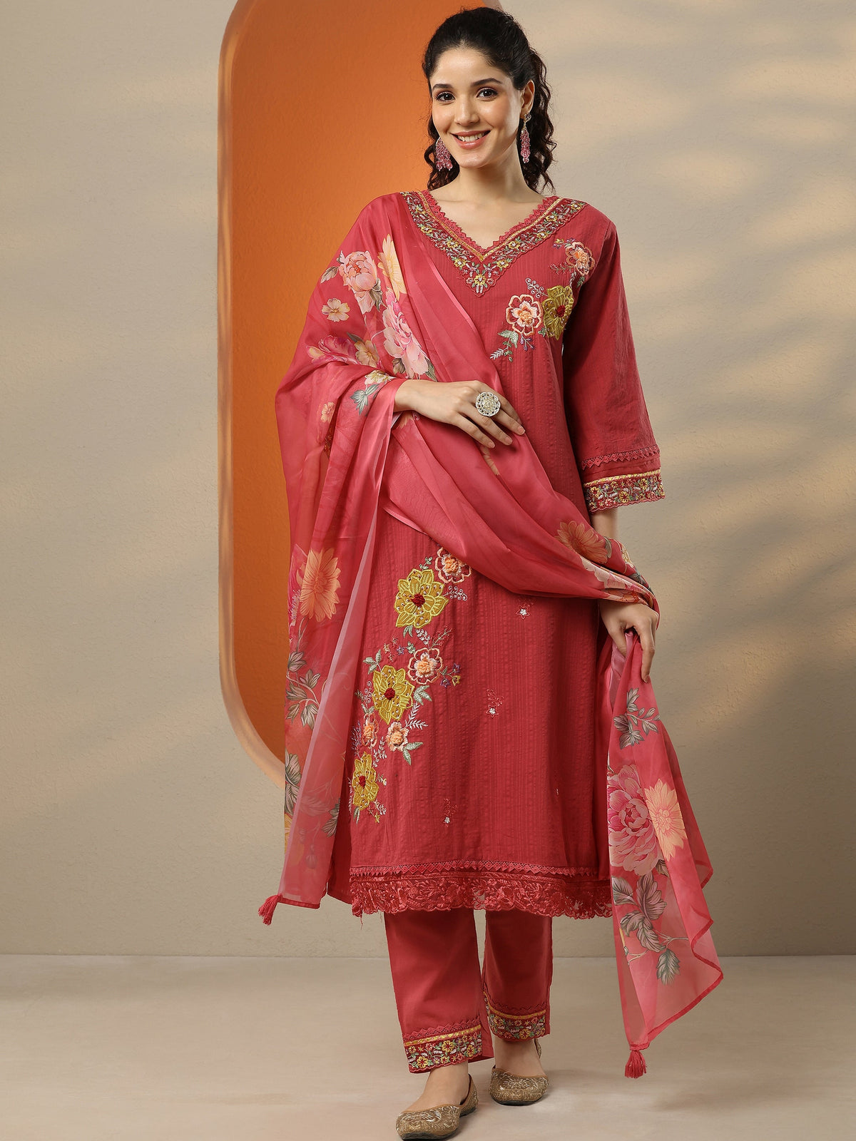 Anouk Pink Embroidered Cotton Straight Suit Set With Dupatta