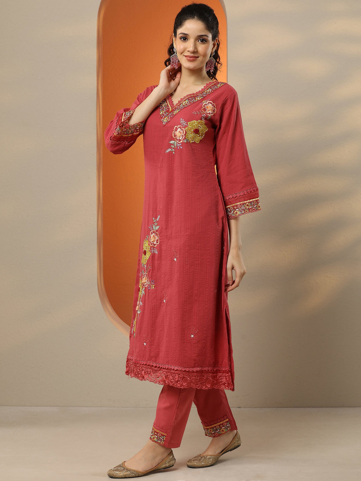Anouk Pink Embroidered Cotton Straight Suit Set With Dupatta