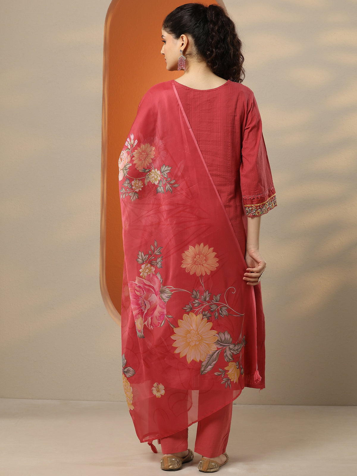Anouk Pink Embroidered Cotton Straight Suit Set With Dupatta