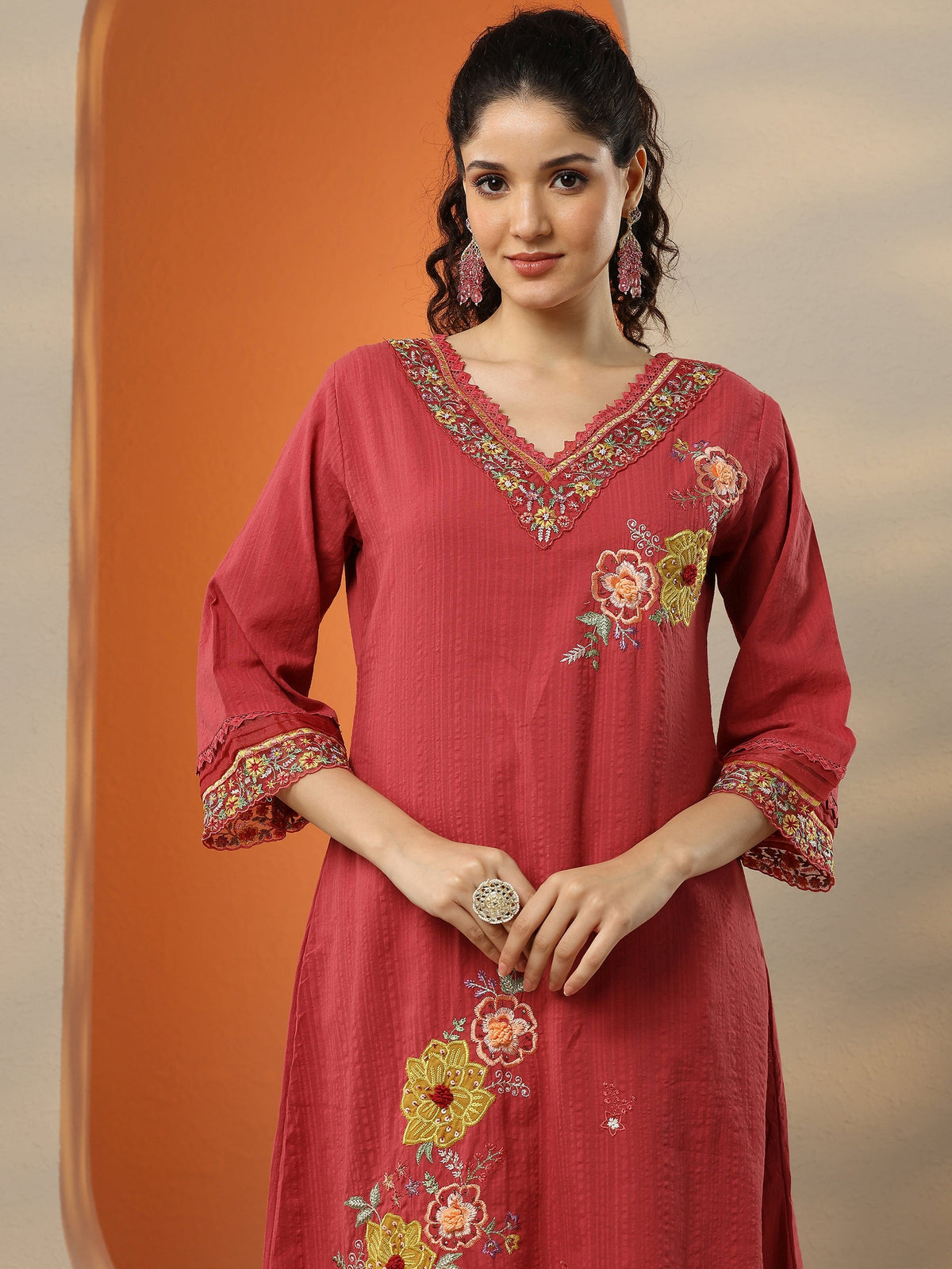 Anouk Pink Embroidered Cotton Straight Suit Set With Dupatta
