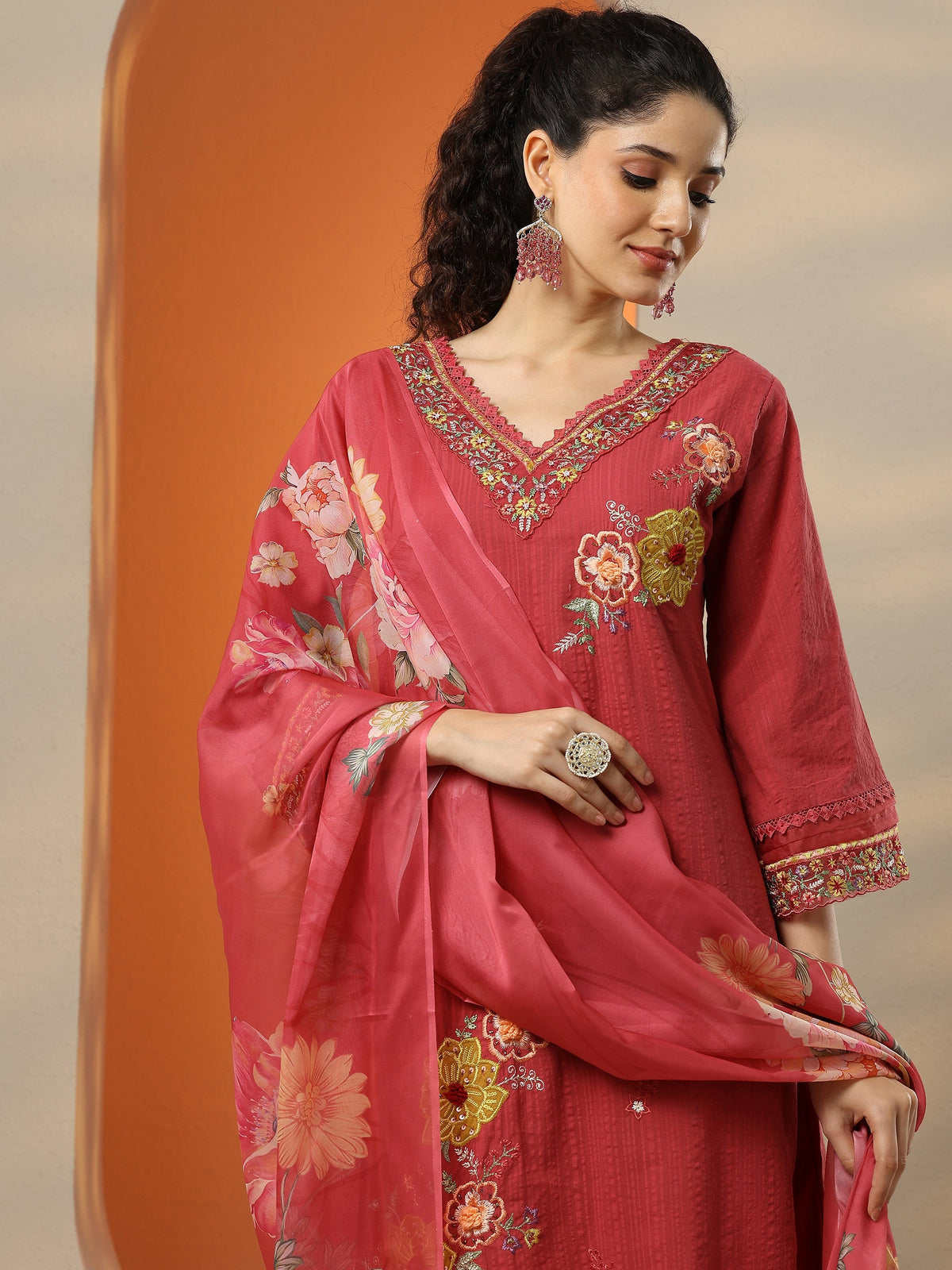 Anouk Pink Embroidered Cotton Straight Suit Set With Dupatta