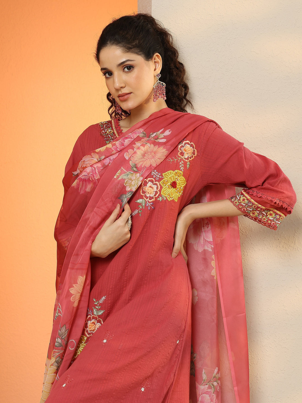 Anouk Pink Embroidered Cotton Straight Suit Set With Dupatta