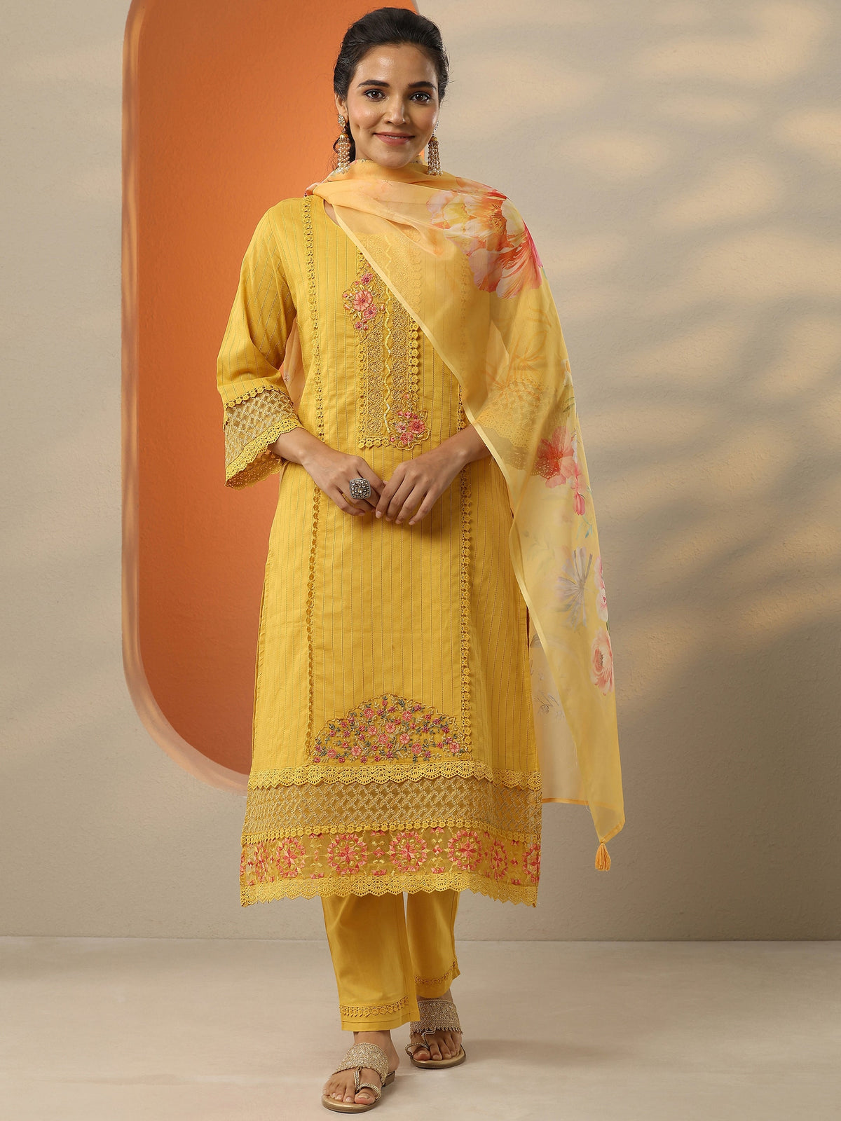 Anouk Mustard Embroidered Cotton Straight Suit Set With Dupatta