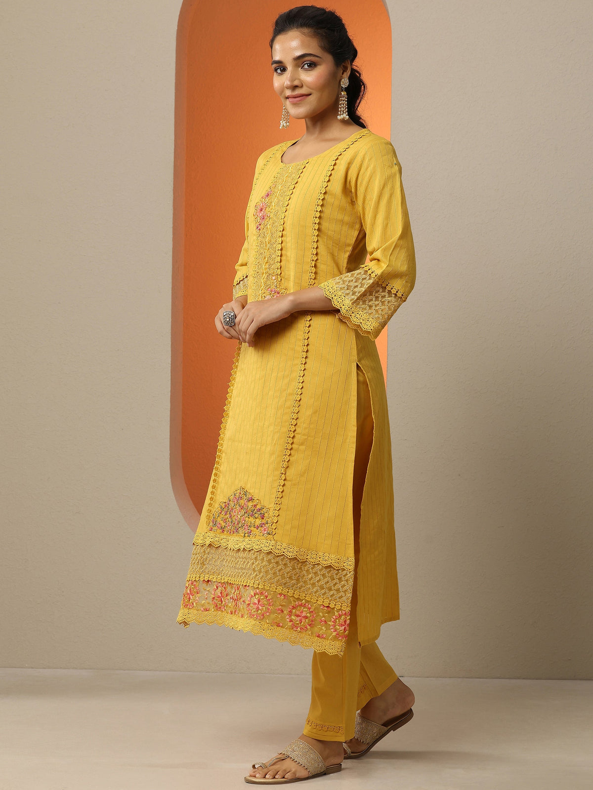 Anouk Mustard Embroidered Cotton Straight Suit Set With Dupatta