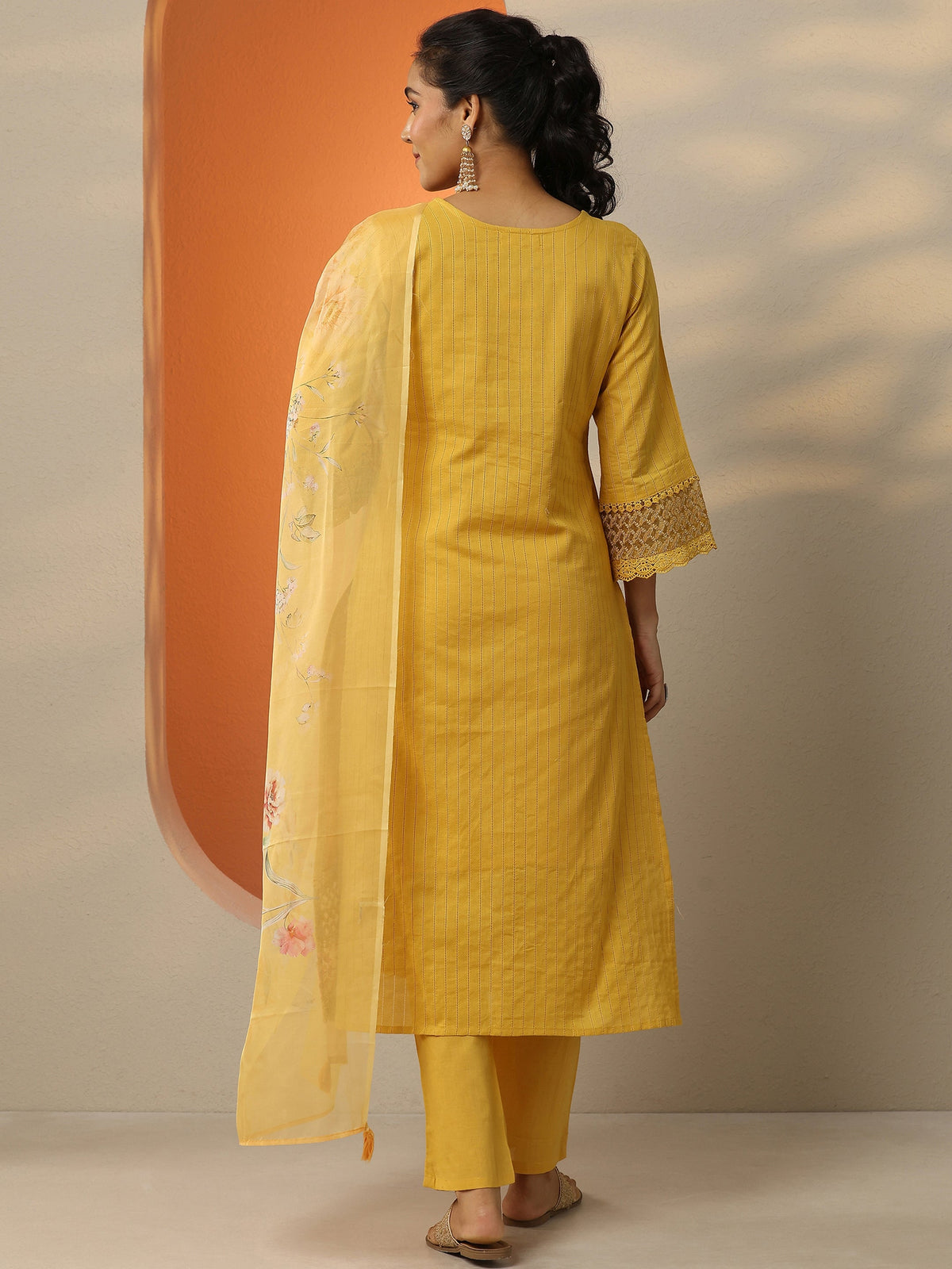 Anouk Mustard Embroidered Cotton Straight Suit Set With Dupatta