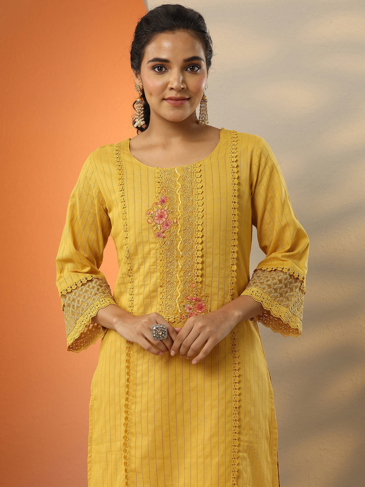 Anouk Mustard Embroidered Cotton Straight Suit Set With Dupatta