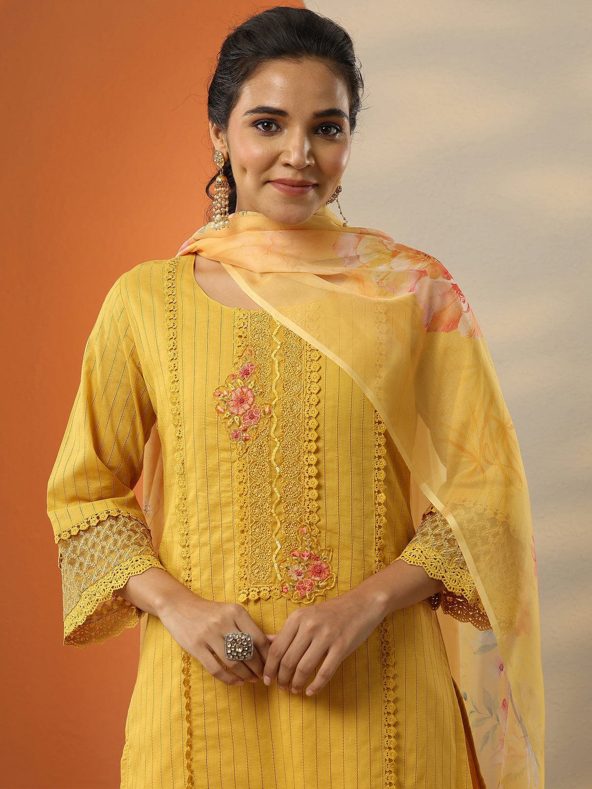 Anouk Mustard Embroidered Cotton Straight Suit Set With Dupatta