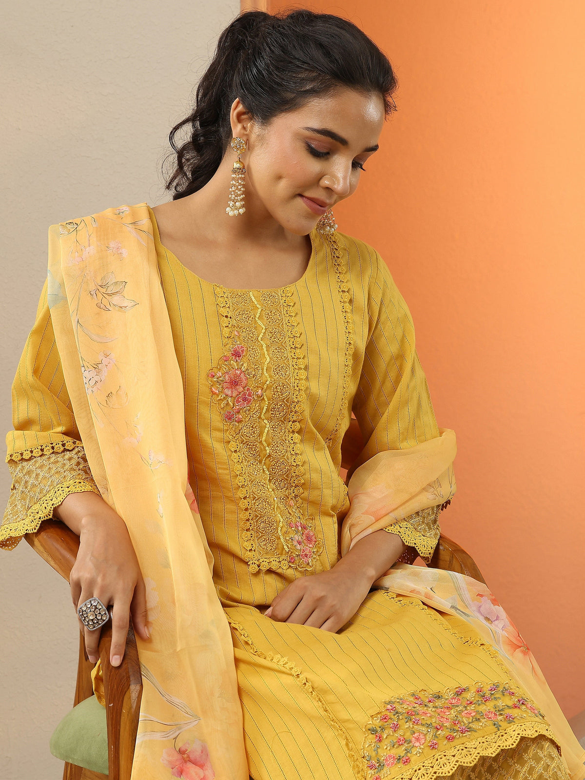 Anouk Mustard Embroidered Cotton Straight Suit Set With Dupatta