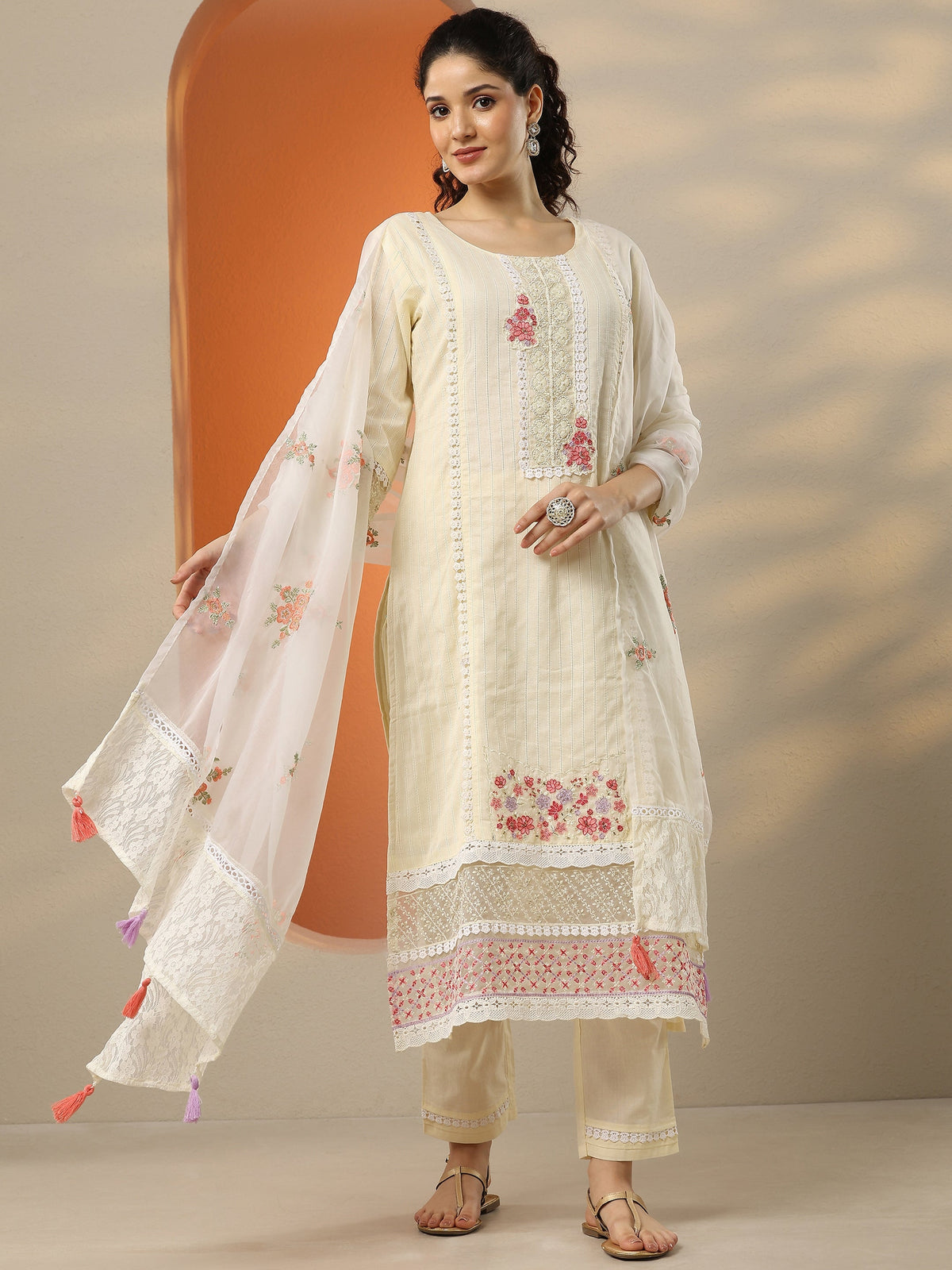 Anouk Off White Embroidered Cotton Straight Suit Set With Dupatta